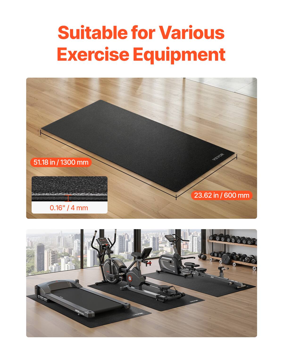 Suitable for Various Exercise Equipment

51.18 in / 1300 mm

0.16" / 4 mm

23.62 in / 600 mm