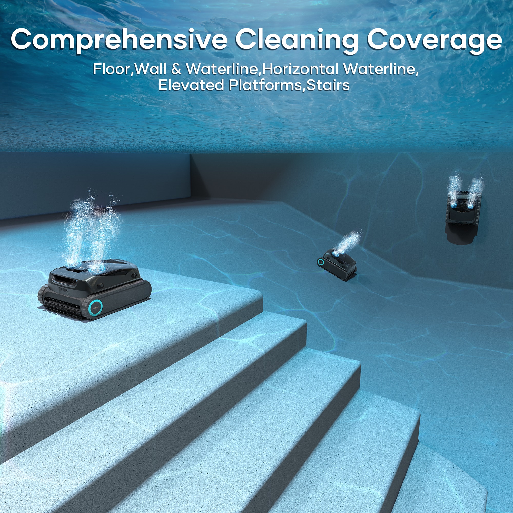 Comprehensive Cleaning Coverage: Floor, Wall & Waterline, Horizontal Waterline, Elevated Platforms, Stairs.