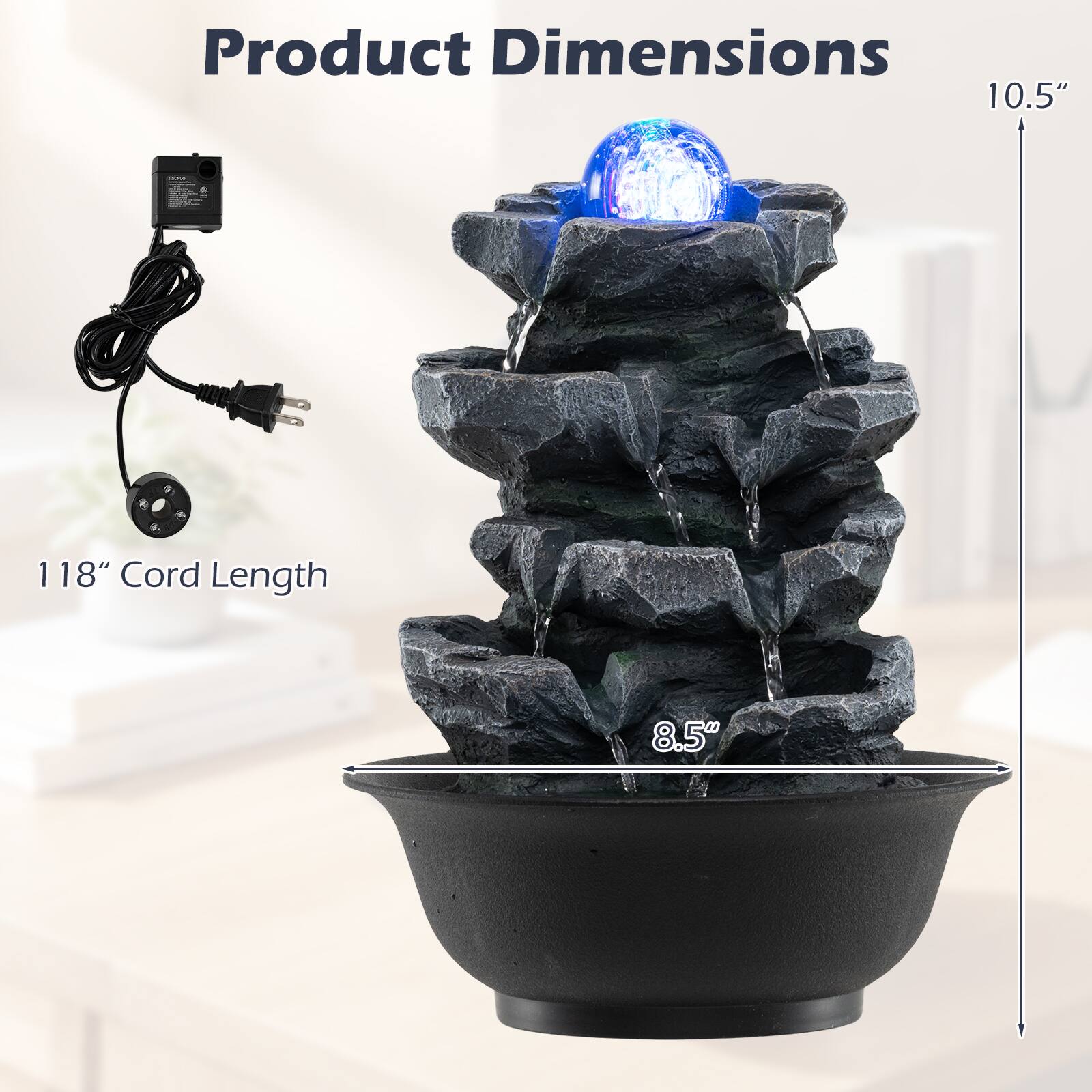 Product Dimensions: 10.5"  
Cord Length: 118"  
8.5"