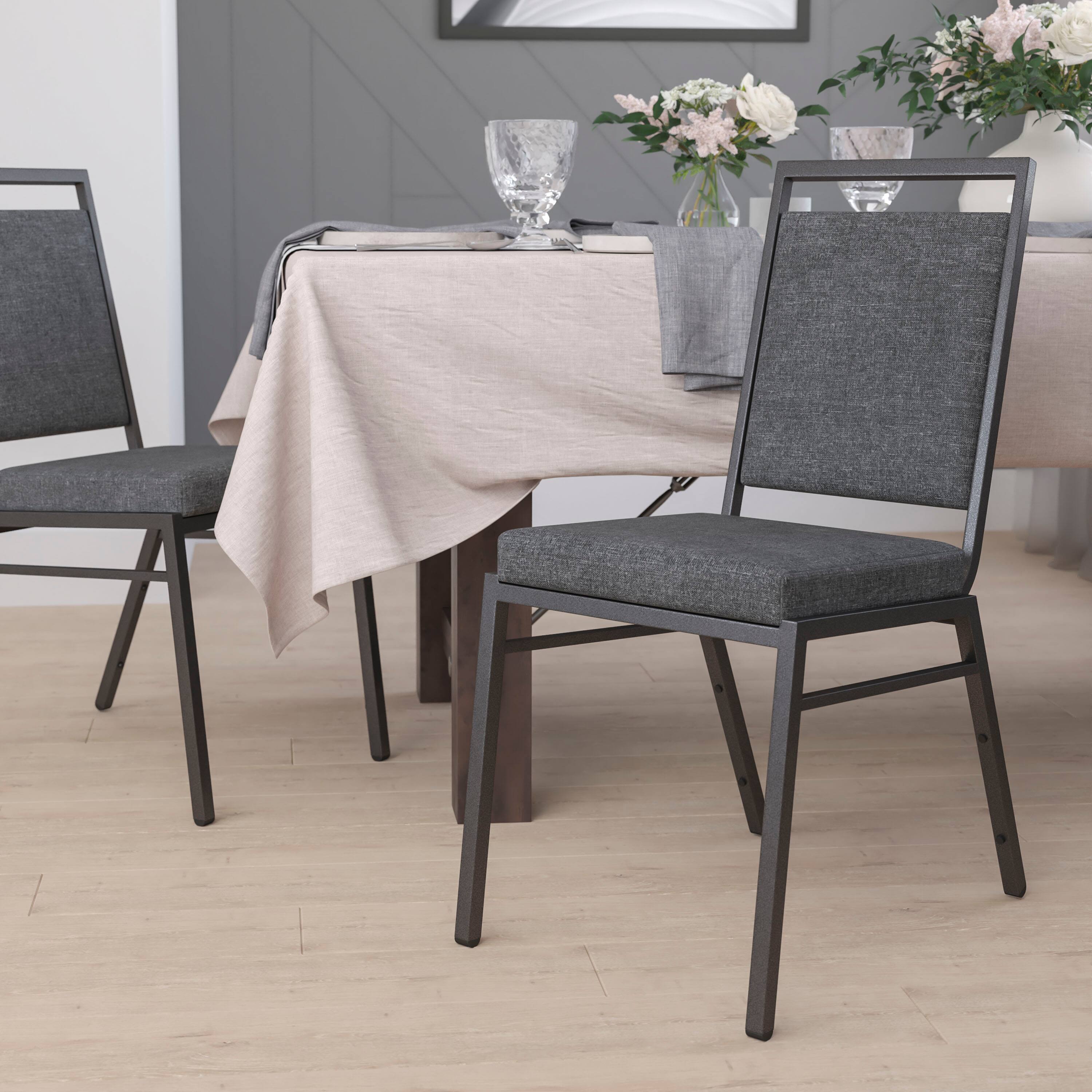 Alt View 1. Emma + Oliver - Square Back Banquet Stack Chair - Wedding Party Event Chair - Dark Gray Fabric/Silver Vein Frame.