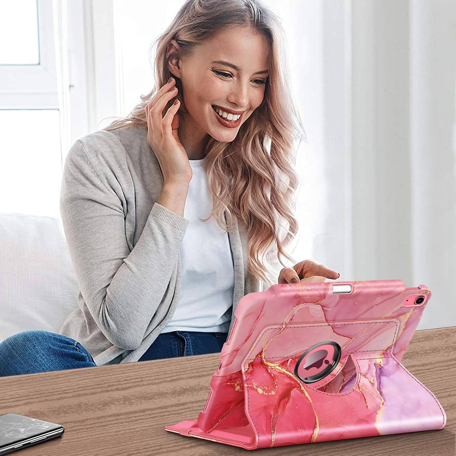 Alt View 3. Fintie - Rotating Case for iPad (A16) 11-inch 2025 and iPad 10th Gen 10.9 inch 2022, 360° Swivel Stand Magnetic Shockproof Cover - Marble Pink.