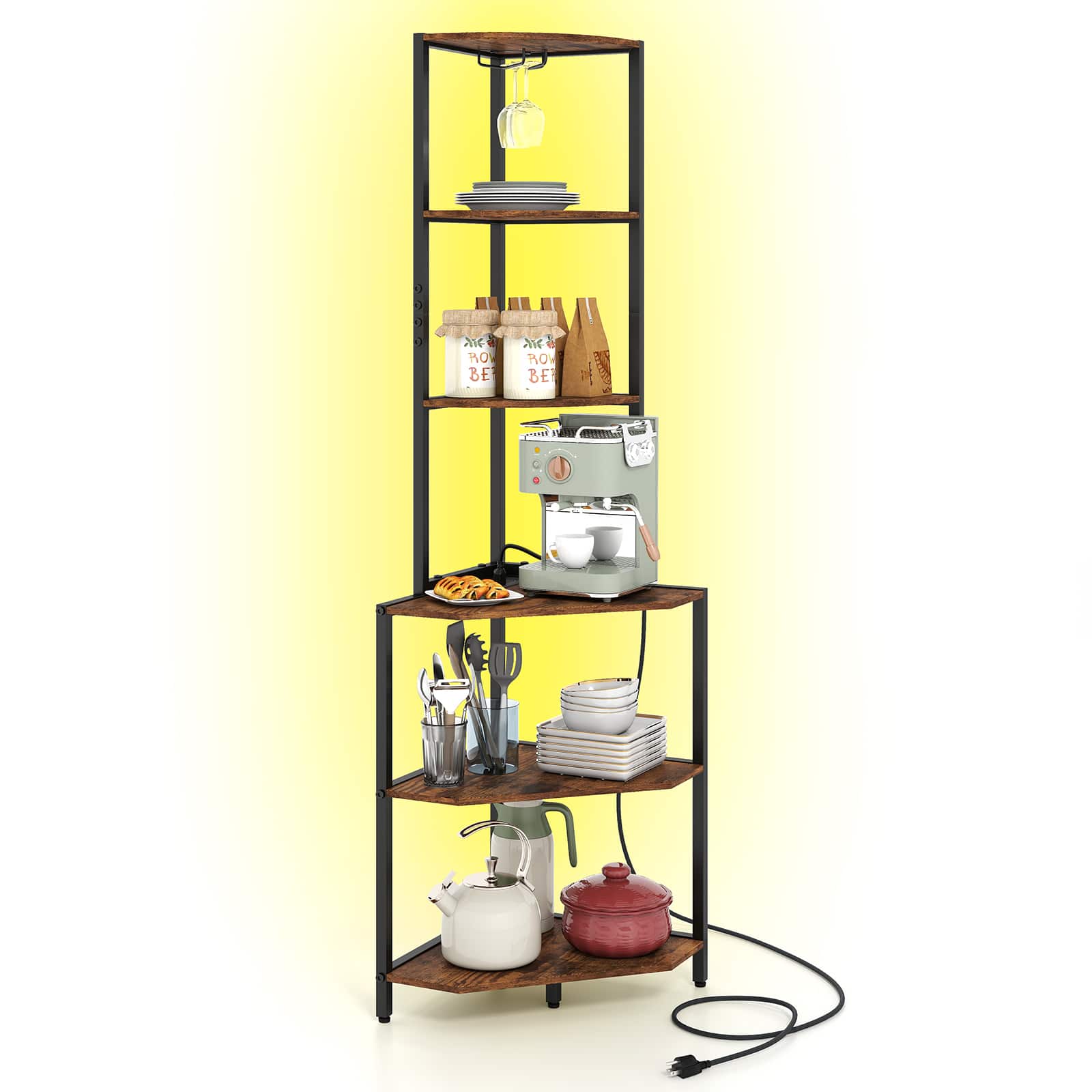 Costway - 6-Tier Corner Shelf with Charging Station Ambience Light Stemware Rack for Kitchen - Rustic Brown