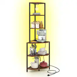 Costway - 6-Tier Corner Shelf with Charging Station Ambience Light Stemware Rack for Kitchen - Rustic Brown