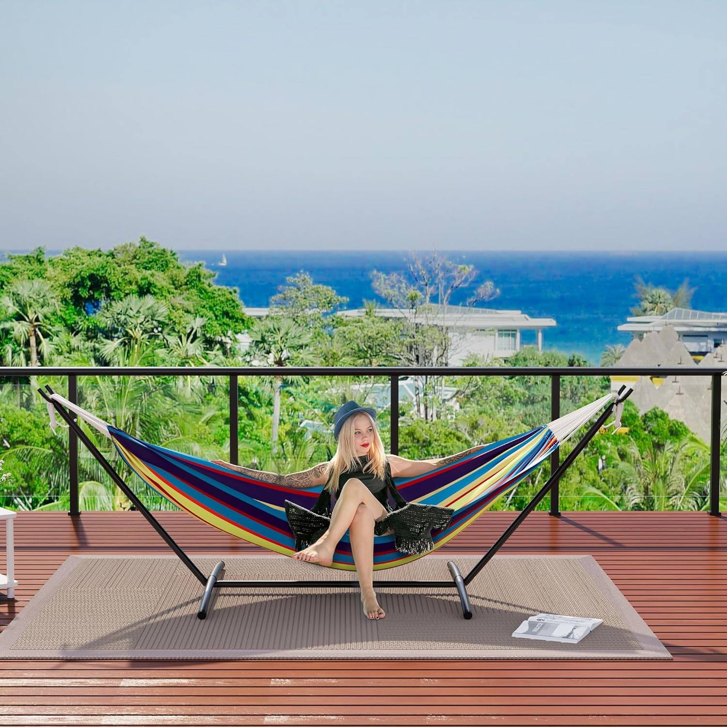 Alt View 3. Homhougo - Double Hammock w/Stand, 450 LB Capacity, Adjustable Double-Layer Design.