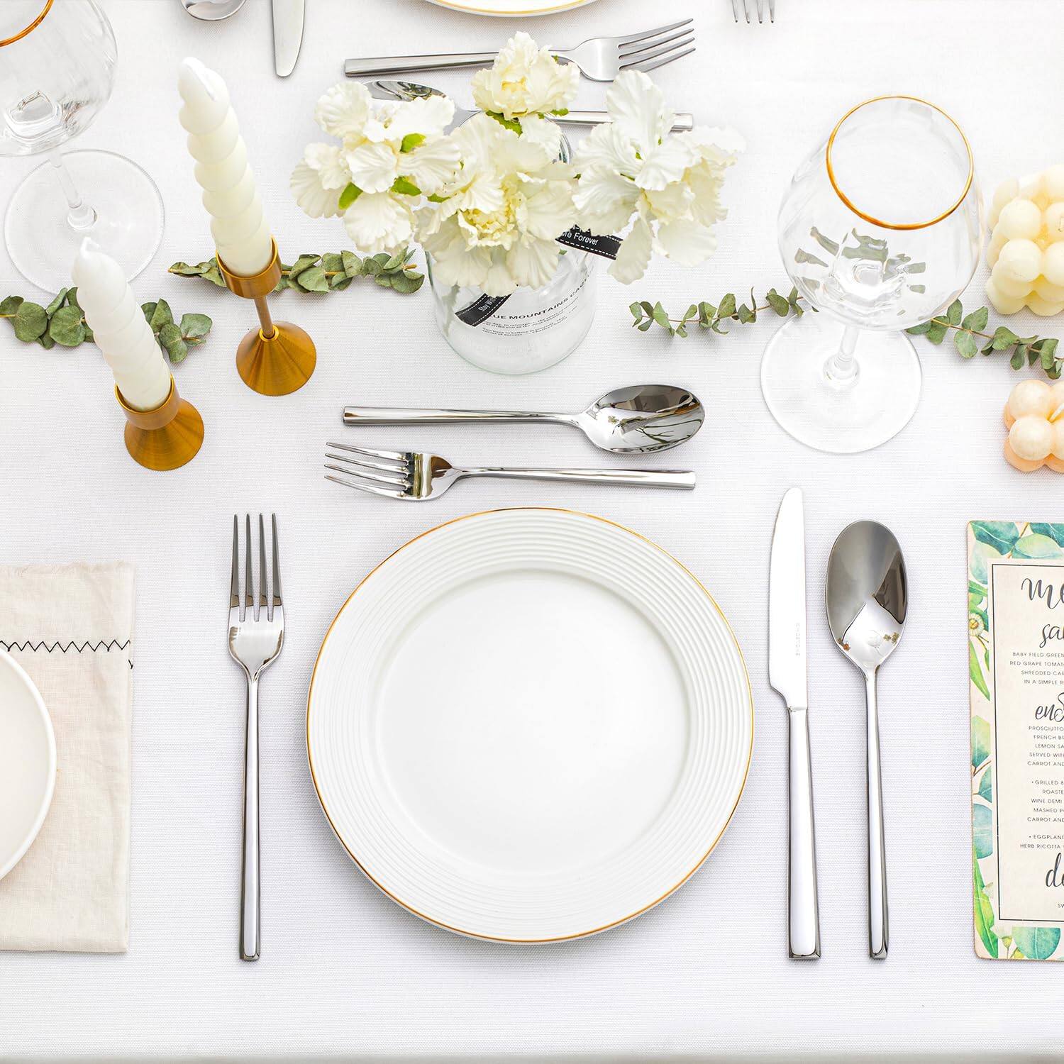 Sure, here is the corrected and grouped text from the image:

**Menu:**

- **Appetizer:**
  - Baby Field Greens
  - Shrimp Ceviche
  - Grilled Asparagus

- **Entree:**
  - Pan-Seared Salmon
  - Roasted Chicken
  - Mashed Potatoes
  - Carrot and Parsley Salad

- **Dessert:**
  - Chocolate Mousse
  - Fresh Berries

**Table Setting:**

- **Place Card:**
  - [Name]
  - [Table Number]

**Other Text:**

- "The Little Flower" (on the vase label)
- "The Little Flower" (on the menu card)