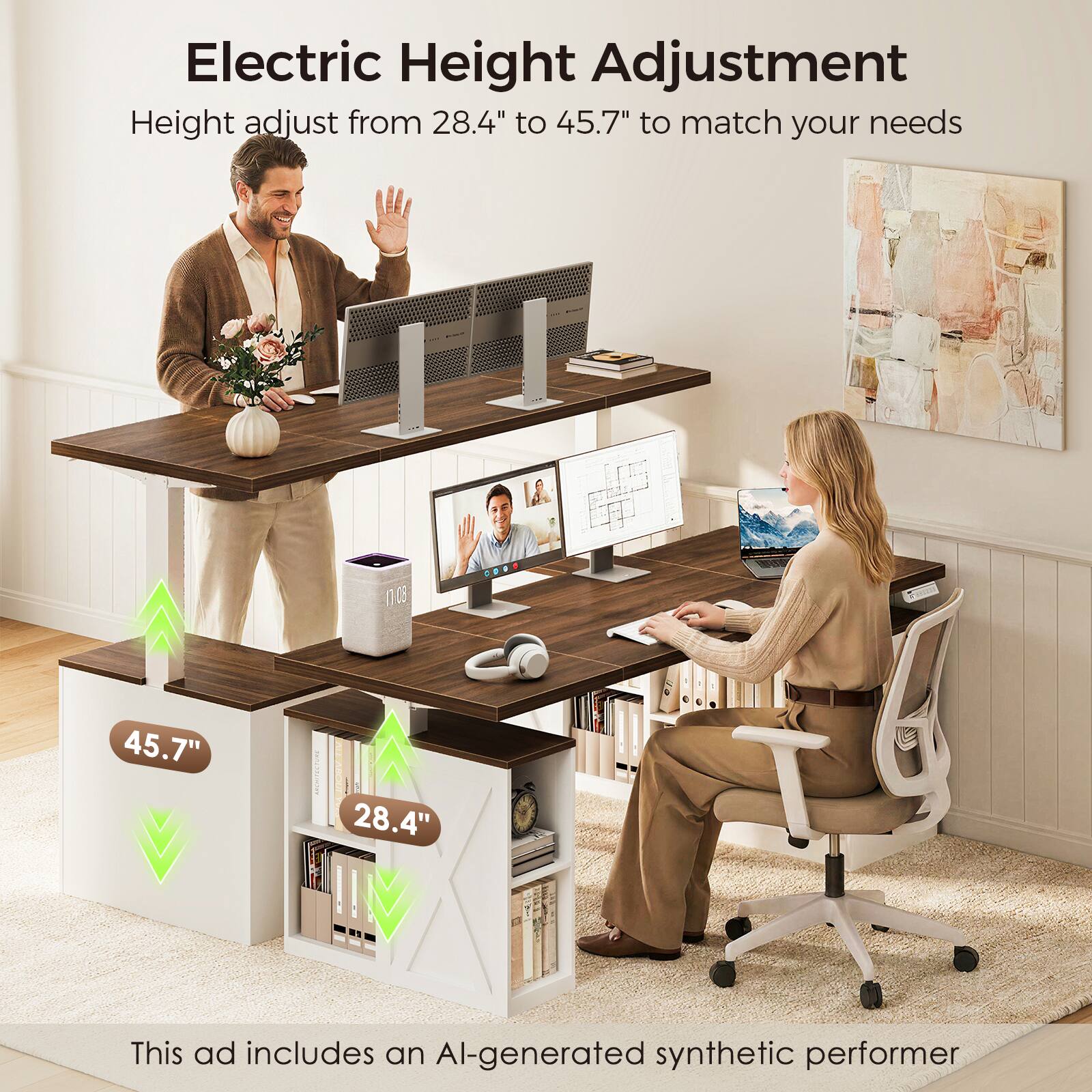 Electric Height Adjustment  
Height adjust from 28.4" to 45.7" to match your needs

45.7"  
28.4"  

This ad includes an AI-generated synthetic performer