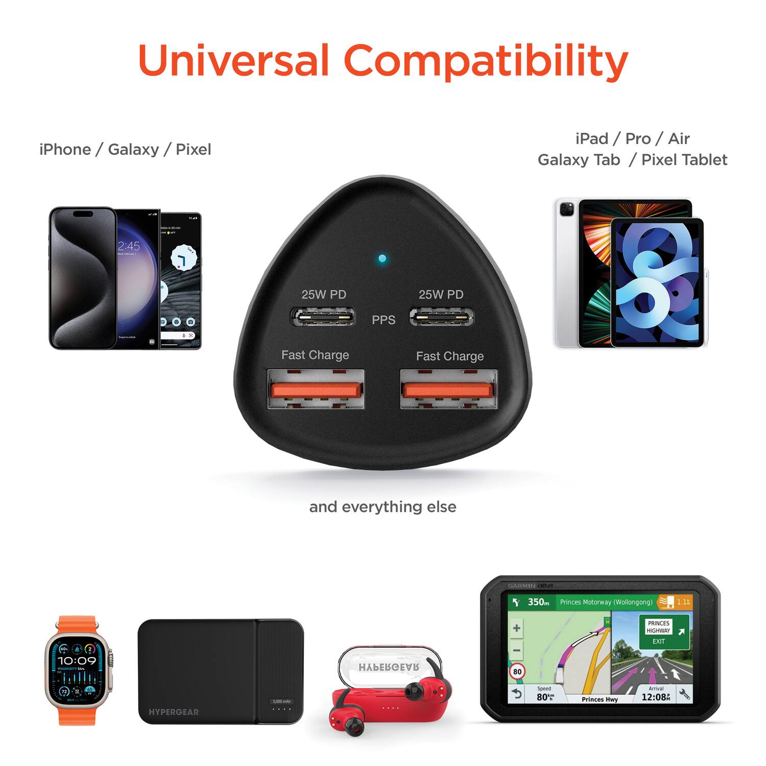 Universal Compatibility

iPhone / Galaxy / Pixel

25W PD
Fast Charge

25W PD
Fast Charge

iPad / Pro / Air
Galaxy Tab / Pixel Tablet

and everything else

HYPERGEAR

10:09

12:08