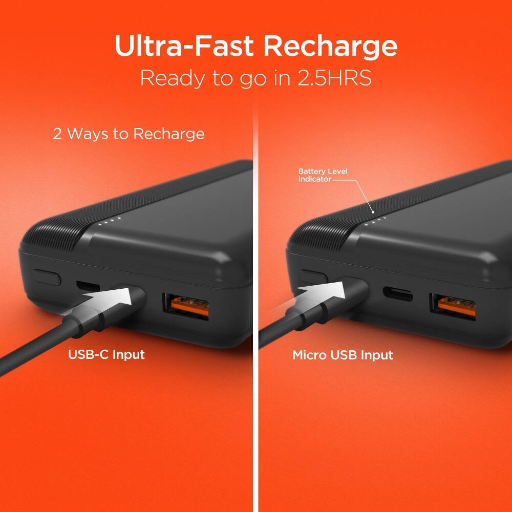 Ultra-Fast Recharge Ready to go in 2.5HRS  
2 Ways to Recharge  
Battery Level Indicator  
USB-C Input  
Micro USB Input