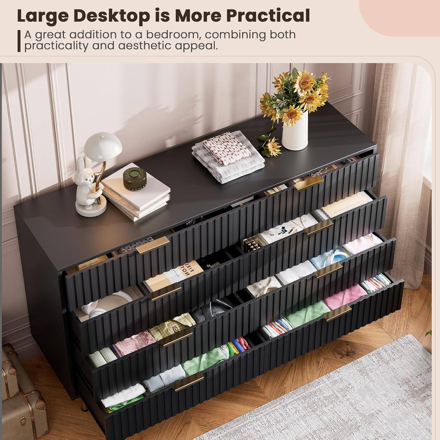 Large Desktop is More Practical  
A great addition to a bedroom, combining both practicality and aesthetic appeal.