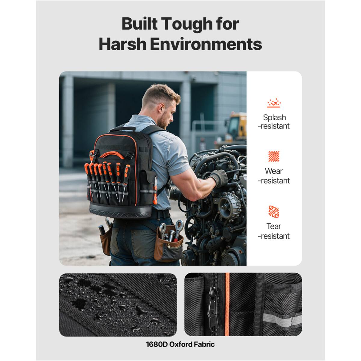 Built Tough for Harsh Environments

- Splash-resistant
- Wear-resistant
- Tear-resistant

1680D Oxford Fabric