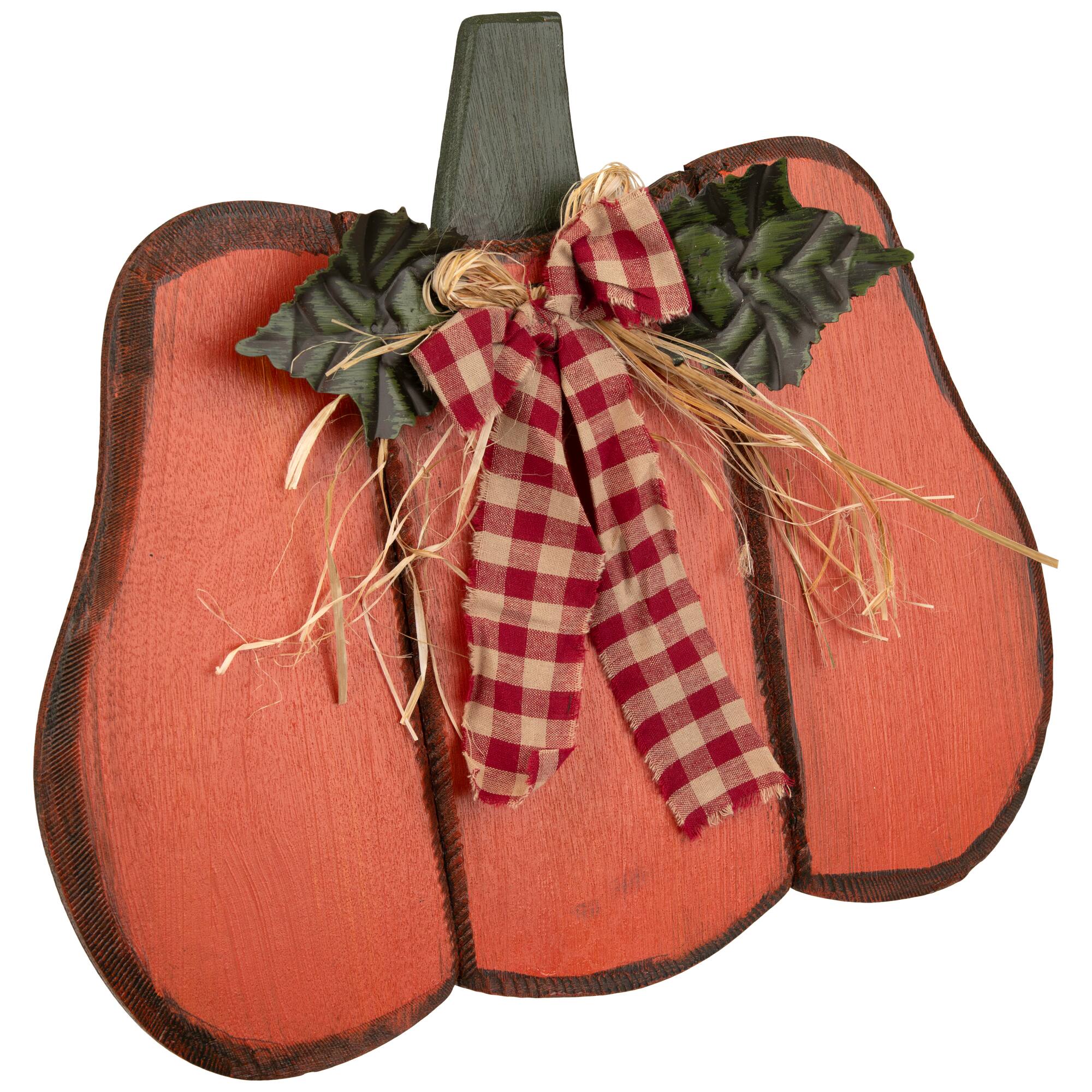 Alt View 2. Northlight - Wooden Pumpkin with Gingham Bow Fall Harvest Decoration - 15.25" - Orange.