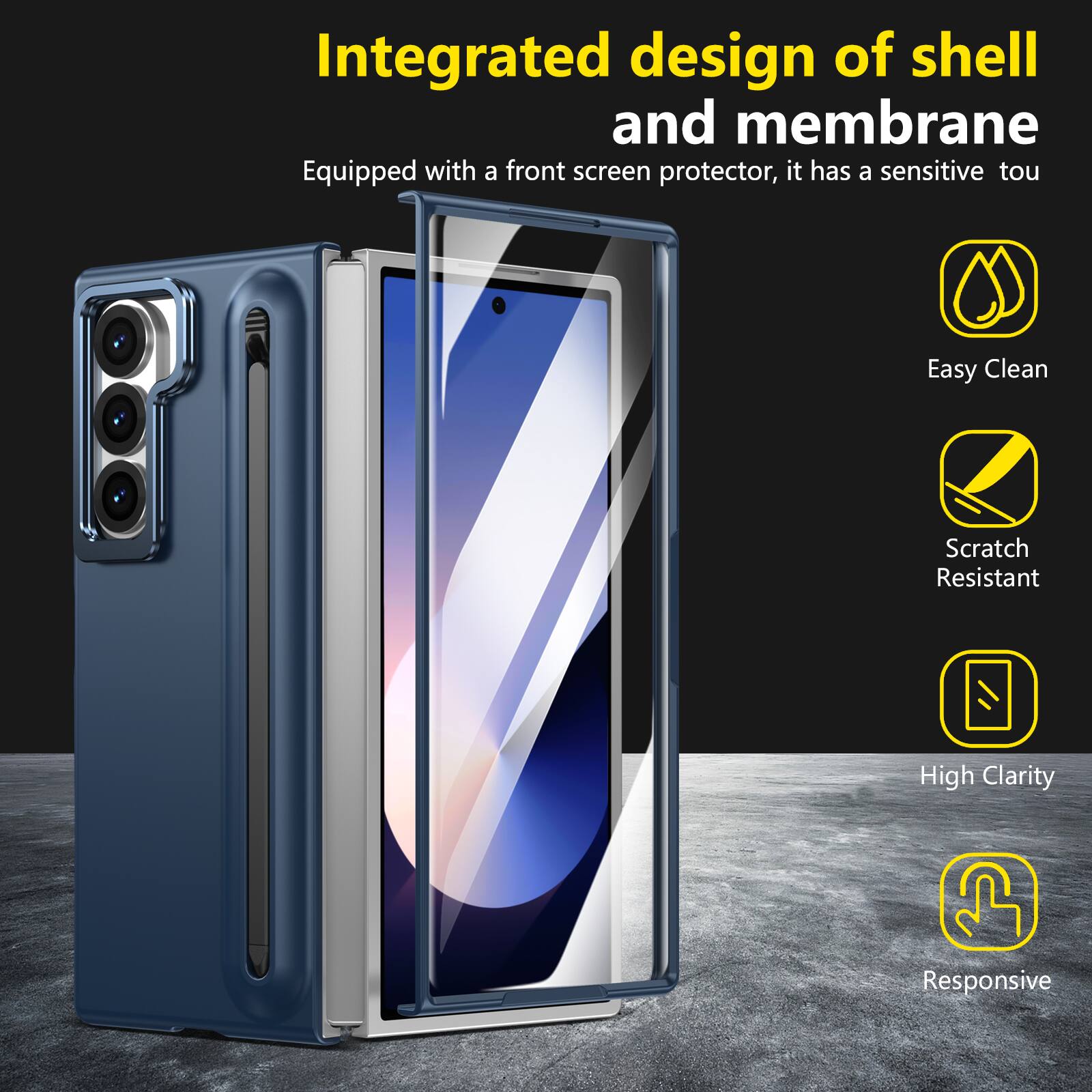 Integrated design of shell and membrane  
Equipped with a front screen protector, it has a sensitive touch  
Easy Clean  
Scratch Resistant  
High Clarity  
Responsive