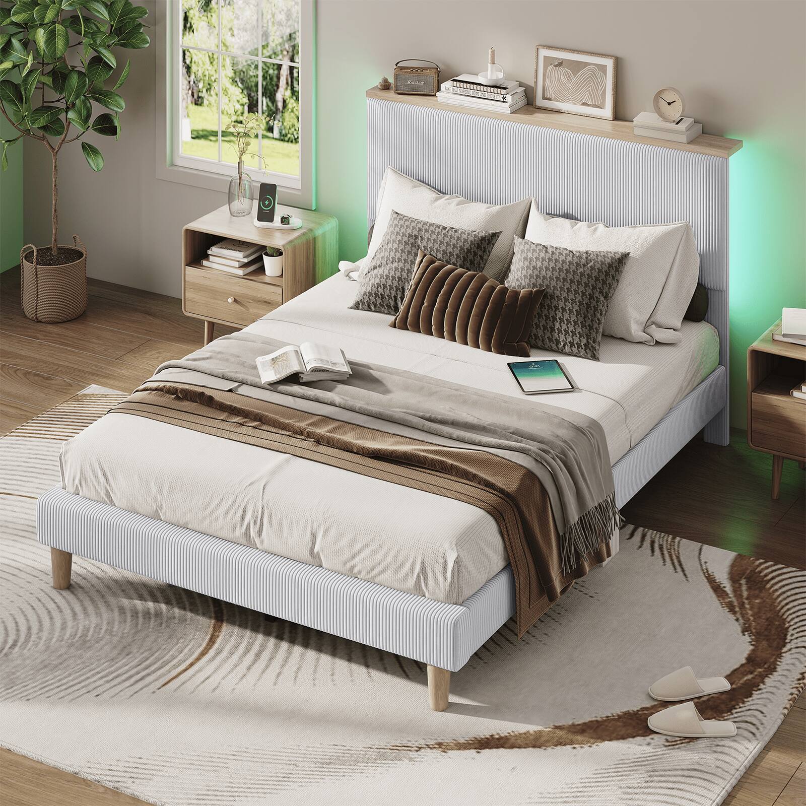 Back. Bestier - Bed Frame Upholstered Platform Gaming Bed with LED Light & Adjustable Storage Headboard for Bedroom-Queen Size - Light Grey.