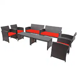 Costway - 8PCS Patio Rattan Furniture Set Cushioned Chair Sofa Coffee Table - Red