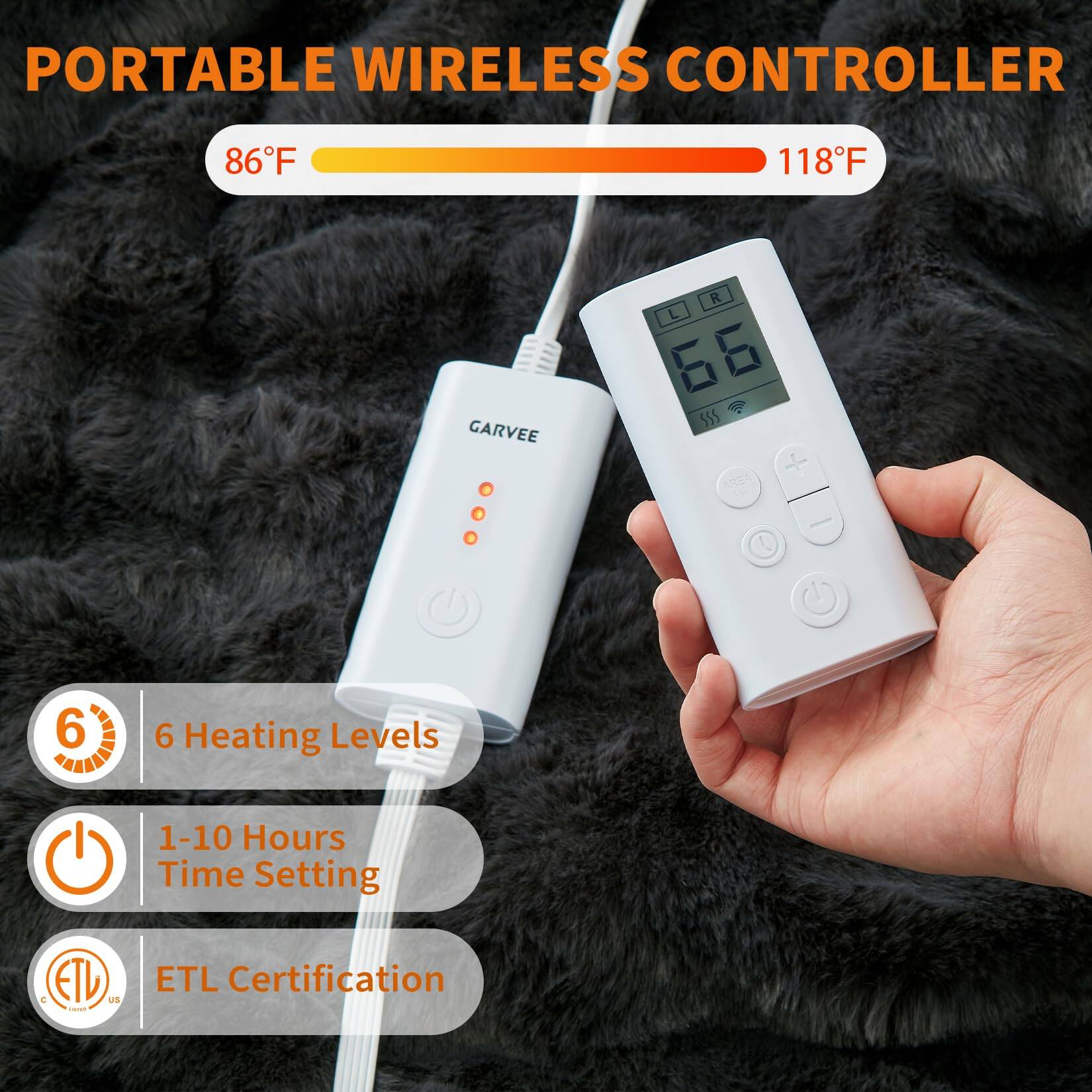 PORTABLE WIRELESS CONTROLLER

86°F - 118°F

6 Heating Levels

1-10 Hours Time Setting

ETL Certification