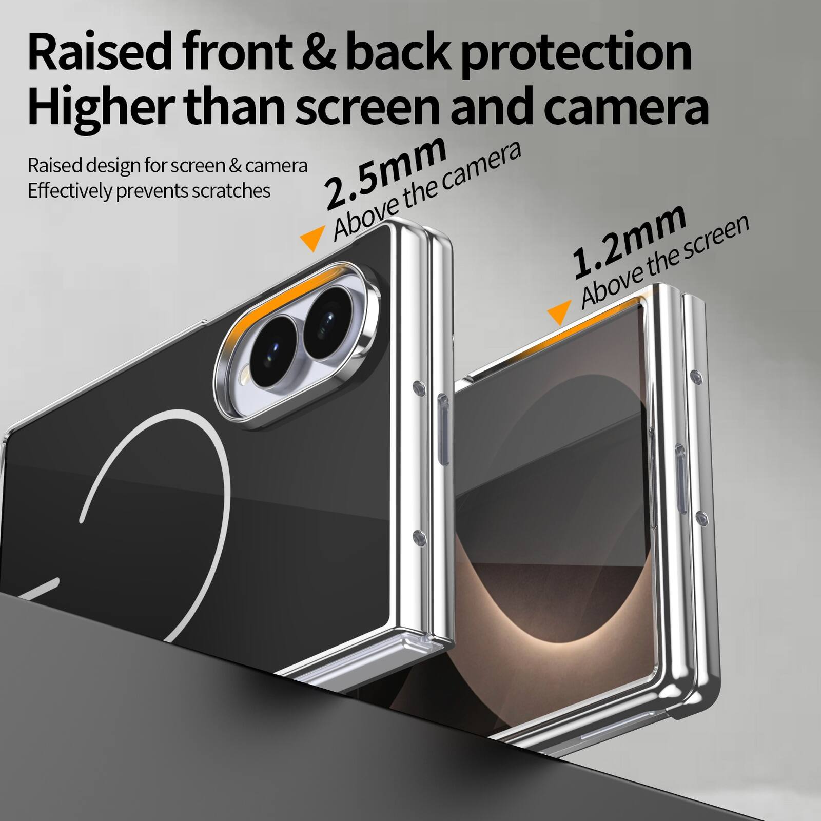 Raised front & back protection  
Higher than screen and camera  

Raised design for screen & camera  
Effectively prevents scratches  

2.5mm  
Above the camera  

1.2mm  
Above the screen