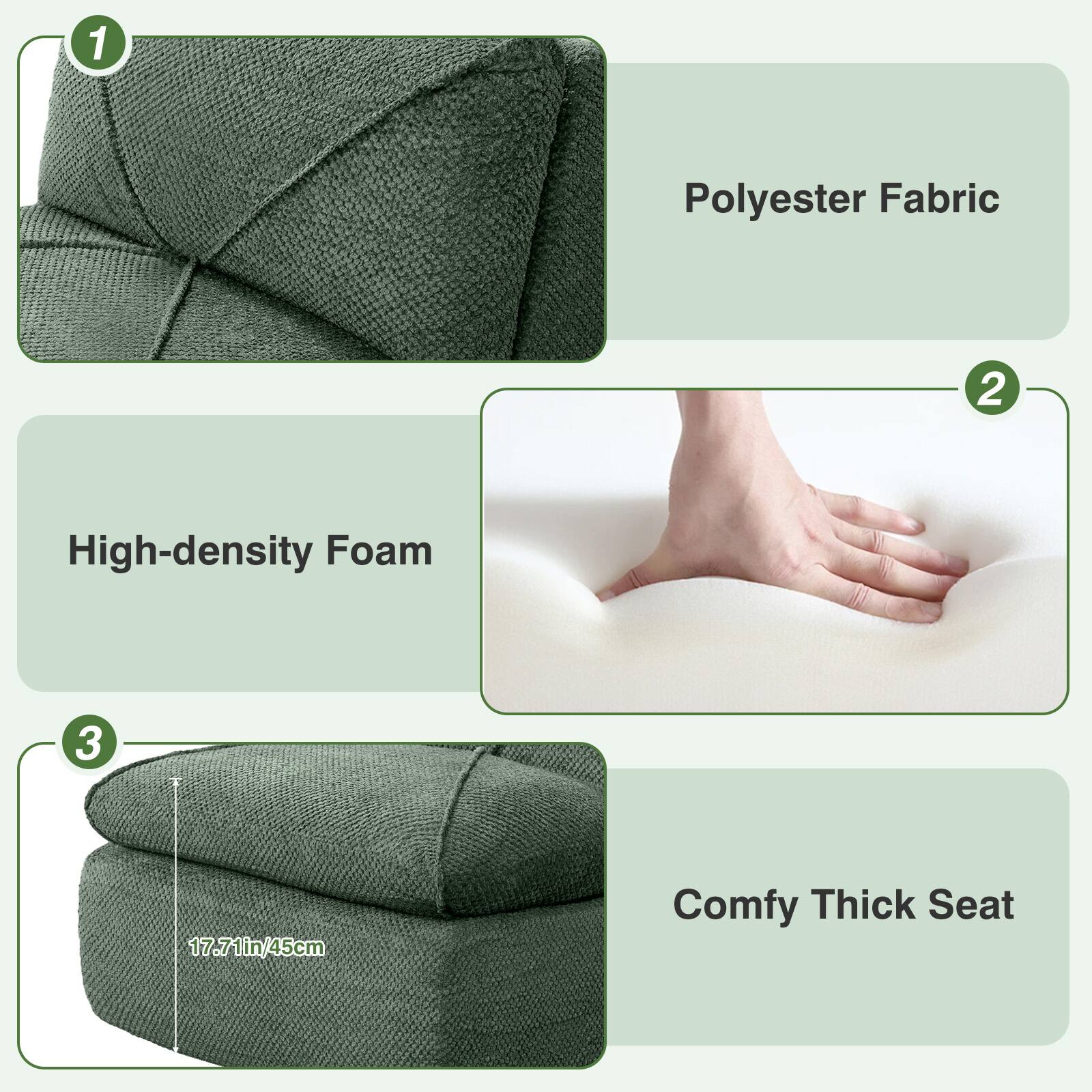1. Polyester Fabric  
2. High-density Foam  
3. Comfy Thick Seat  
   17.71in/45cm