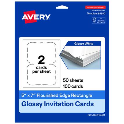 Go to avery.com/templates
Use Avery Presta Template 95350
AVERY
Glossy White
2 cards per sheet
50 sheets 100 cards
5" x 7" Flourished Edge Rectangle Glossy Invitation Cards for Laser/Inkjet