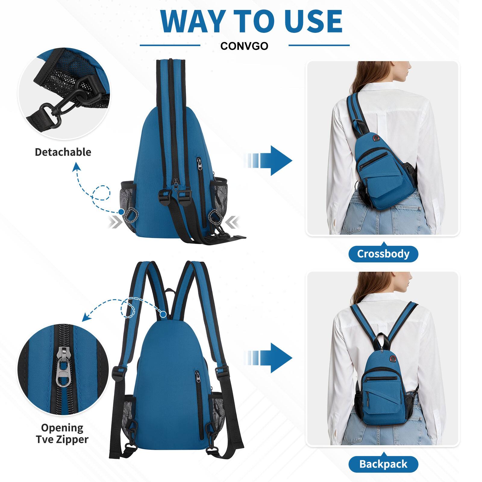 WAY TO USE  
CONVGO

- Detachable
- Opening Tve Zipper

- Crossbody
- Backpack