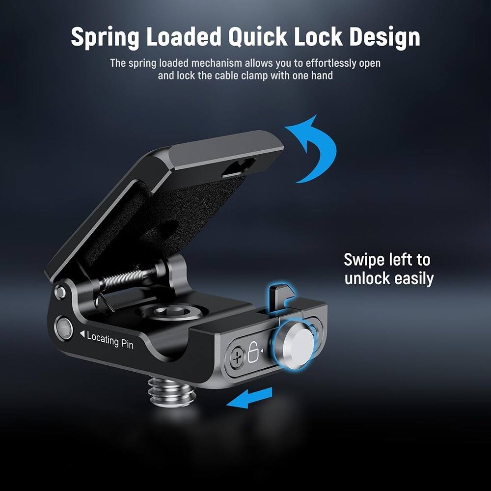 Spring Loaded Quick Lock Design  
The spring loaded mechanism allows you to effortlessly open and lock the cable clamp with one hand  

Swipe left to unlock easily  

Locating Pin