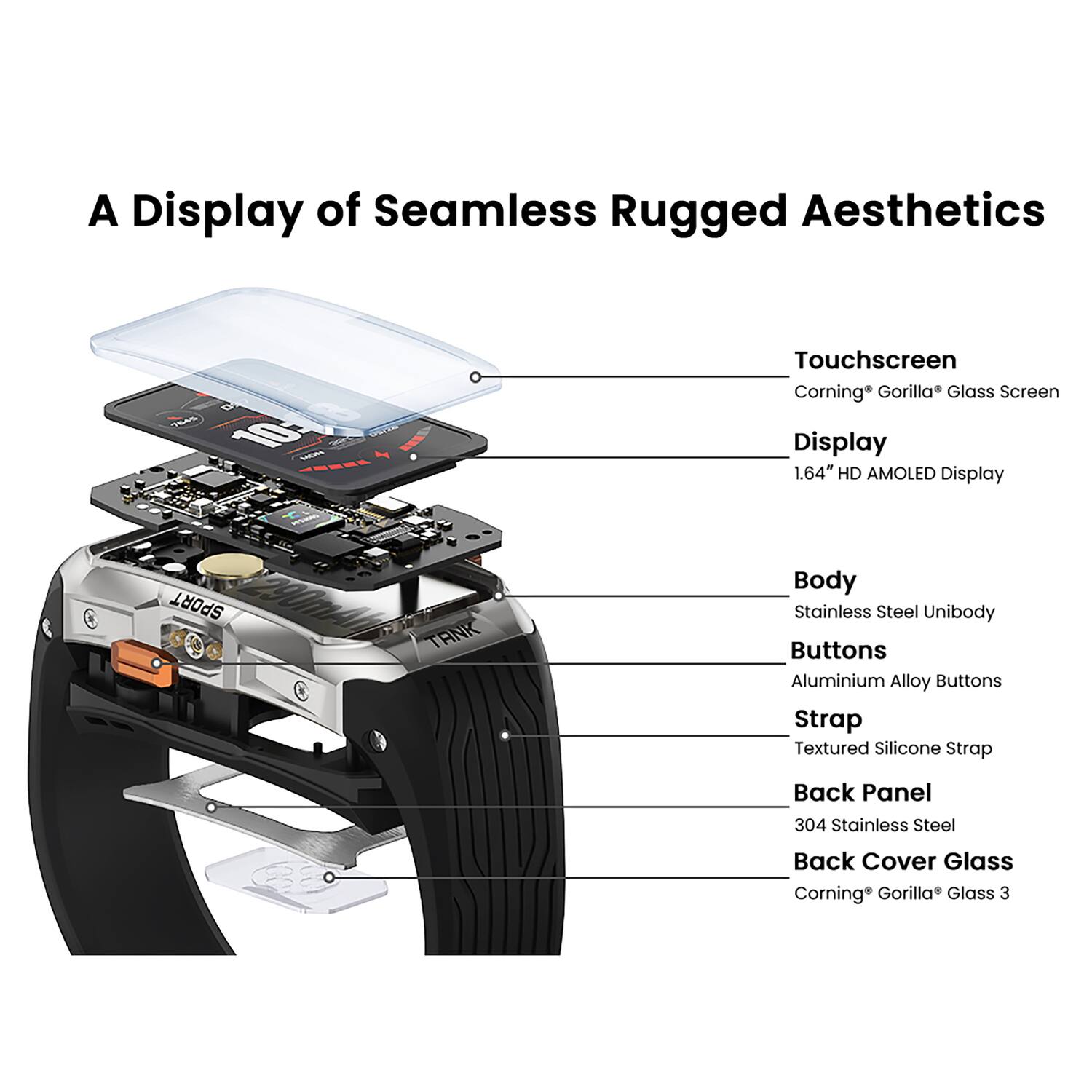 A Display of Seamless Rugged Aesthetics

- Touchscreen: Corning® Gorilla® Glass Screen
- Display: 1.64" HD AMOLED Display
- Body: Stainless Steel Unibody
- Buttons: Aluminium Alloy Buttons
- Strap: Textured Silicone Strap
- Back Panel: 304 Stainless Steel
- Back Cover Glass: Corning® Gorilla® Glass 3