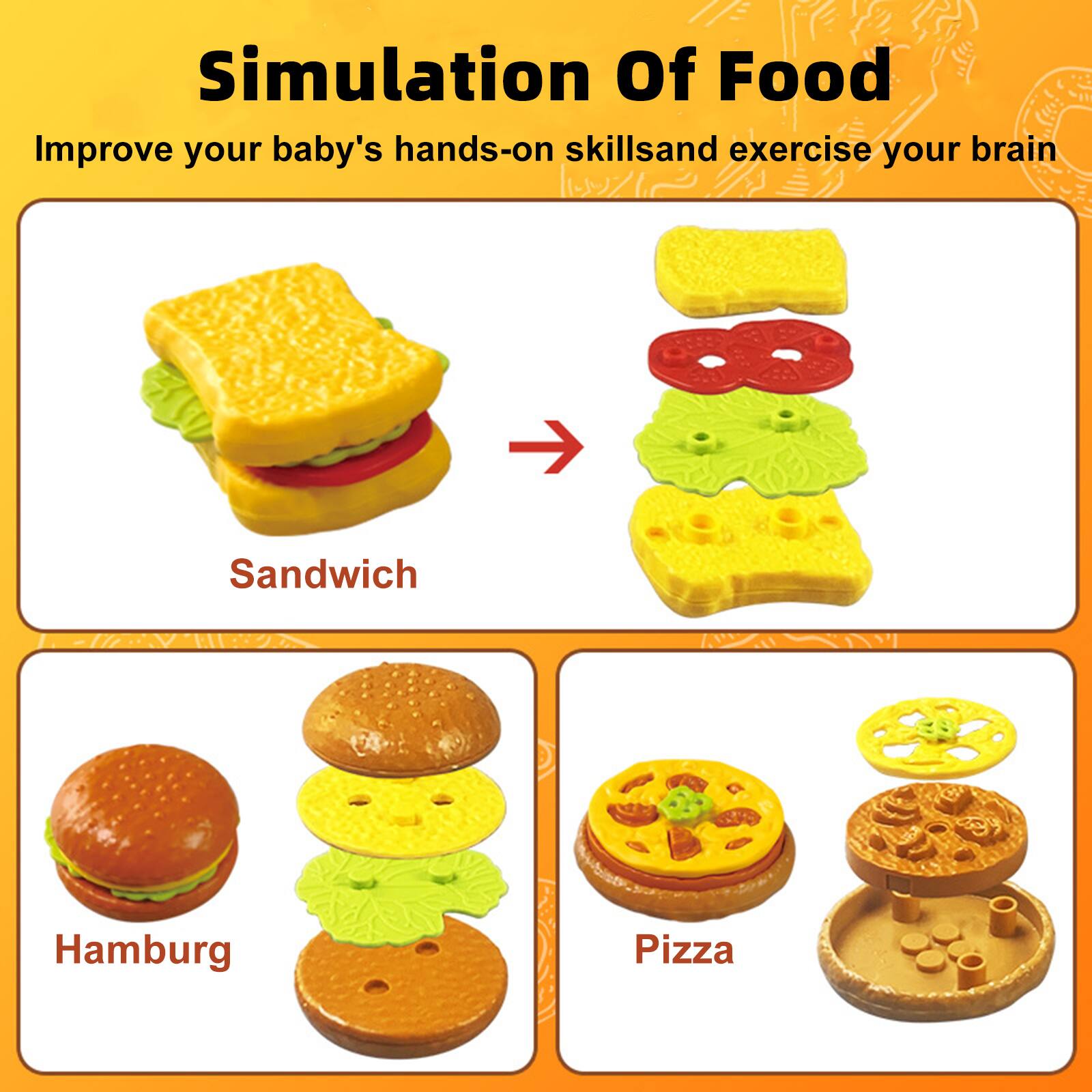 Simulation Of Food  
Improve your baby's hands-on skills and exercise your brain  

Sandwich  
Hamburg  
Pizza