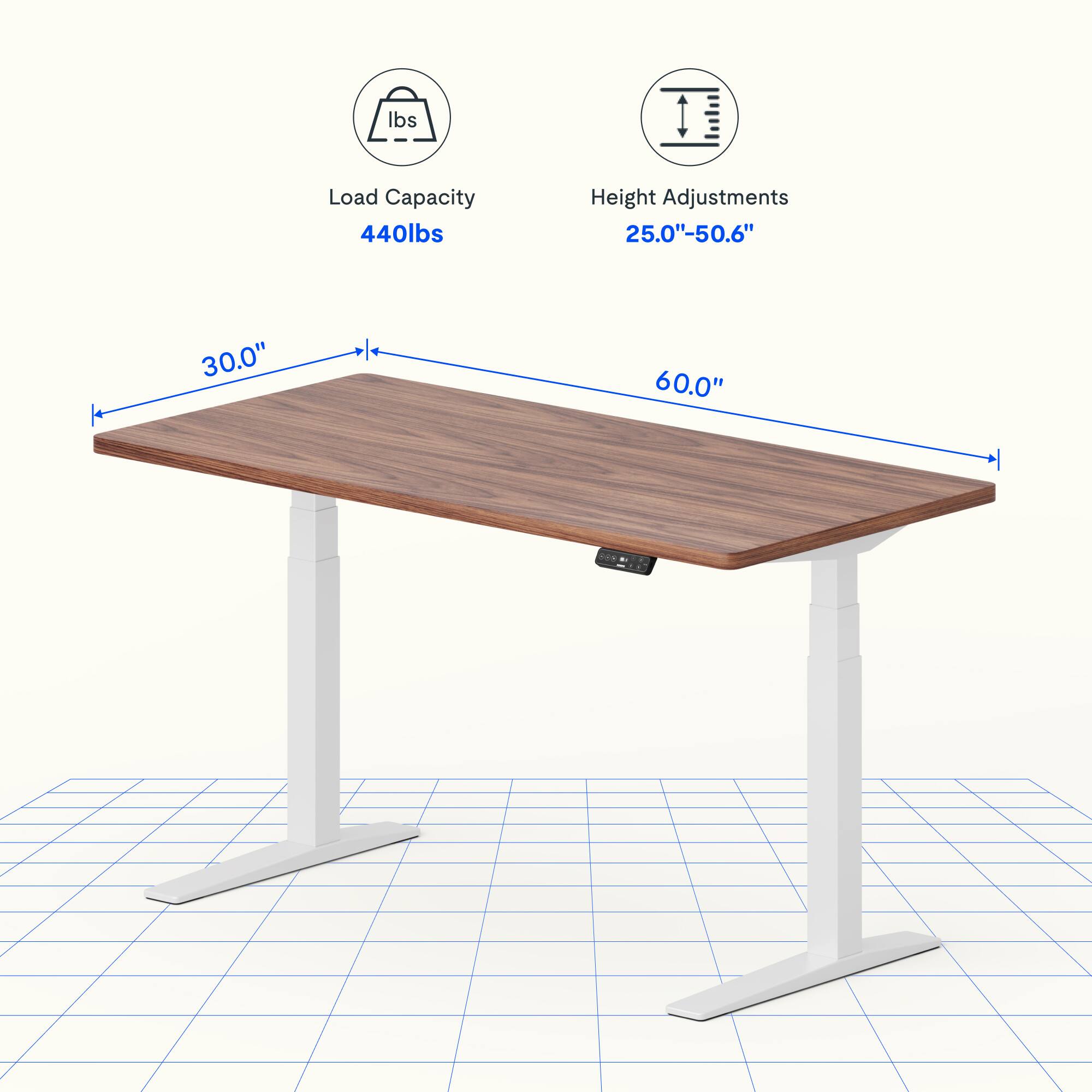 Load Capacity: 440 lbs  
Height Adjustments: 25.0" - 50.6"  
Table Dimensions: 30.0" x 60.0"