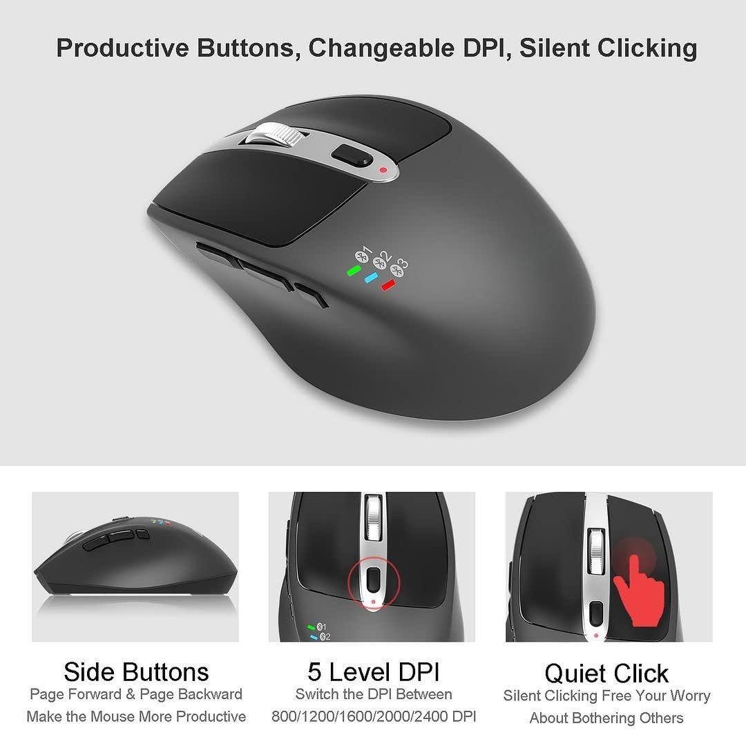 Productive Buttons, Changeable DPI, Silent Clicking

Side Buttons
Page Forward & Page Backward
Make the Mouse More Productive

5 Level DPI
Switch the DPI Between
800/1200/1600/2000/2400 DPI

Quiet Click
Silent Clicking Free Your Worry
About Bothering Others