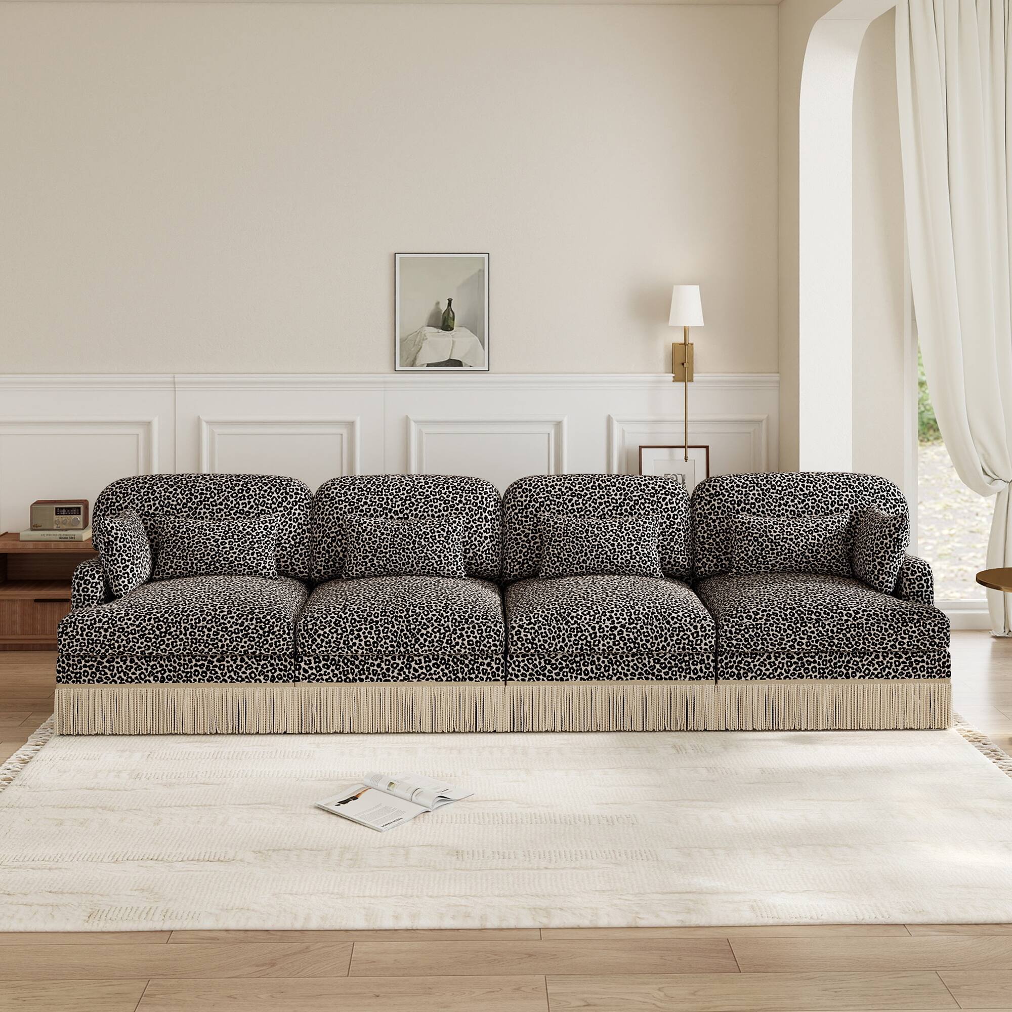 Angle. Anysun - 131" Leopard Print Chenille 4-Seater Modular Sofa, Tassel Edge, Ergonomic Deep Seat, Easy Assembly Couch for Living Room - khaki.