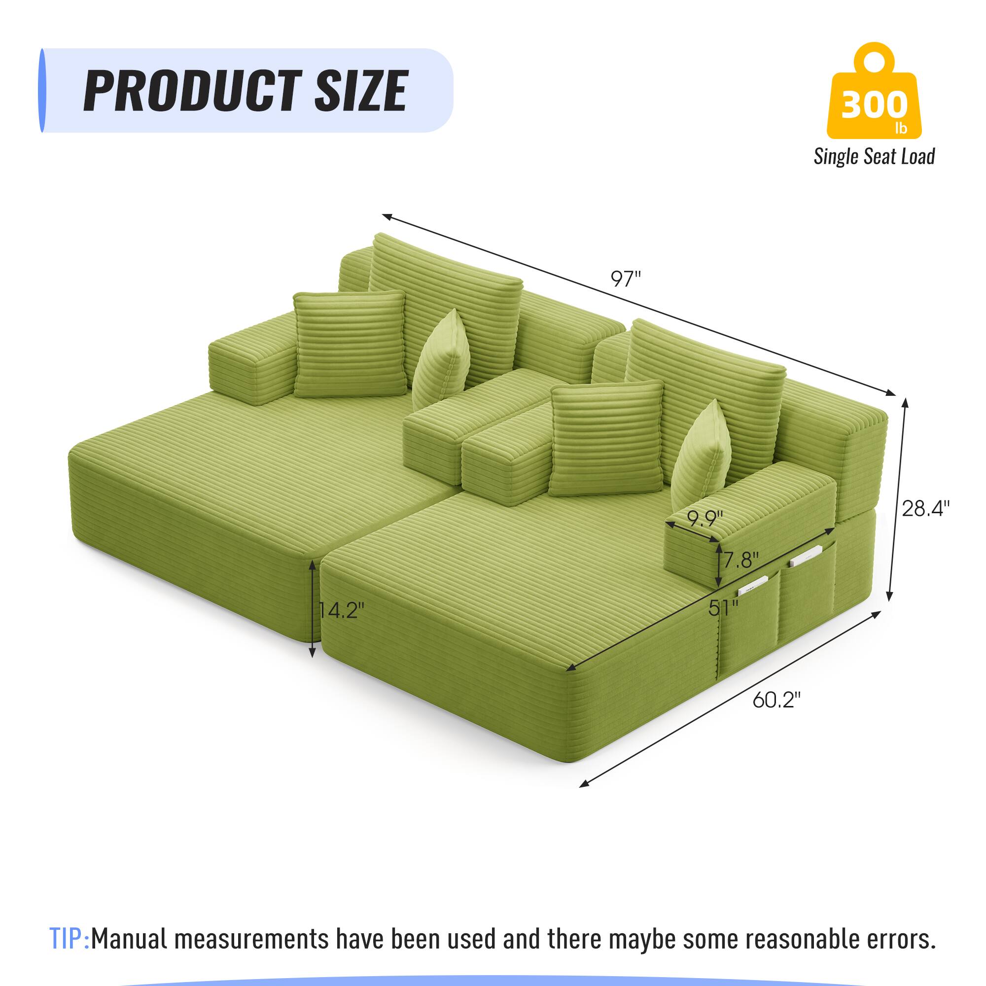 PRODUCT SIZE  
300 lb Single Seat Load  
97"  
9.9"  
28.4"  
7.8"  
14.2"  
51"  
60.2"  

TIP: Manual measurements have been used and there may be some reasonable errors.