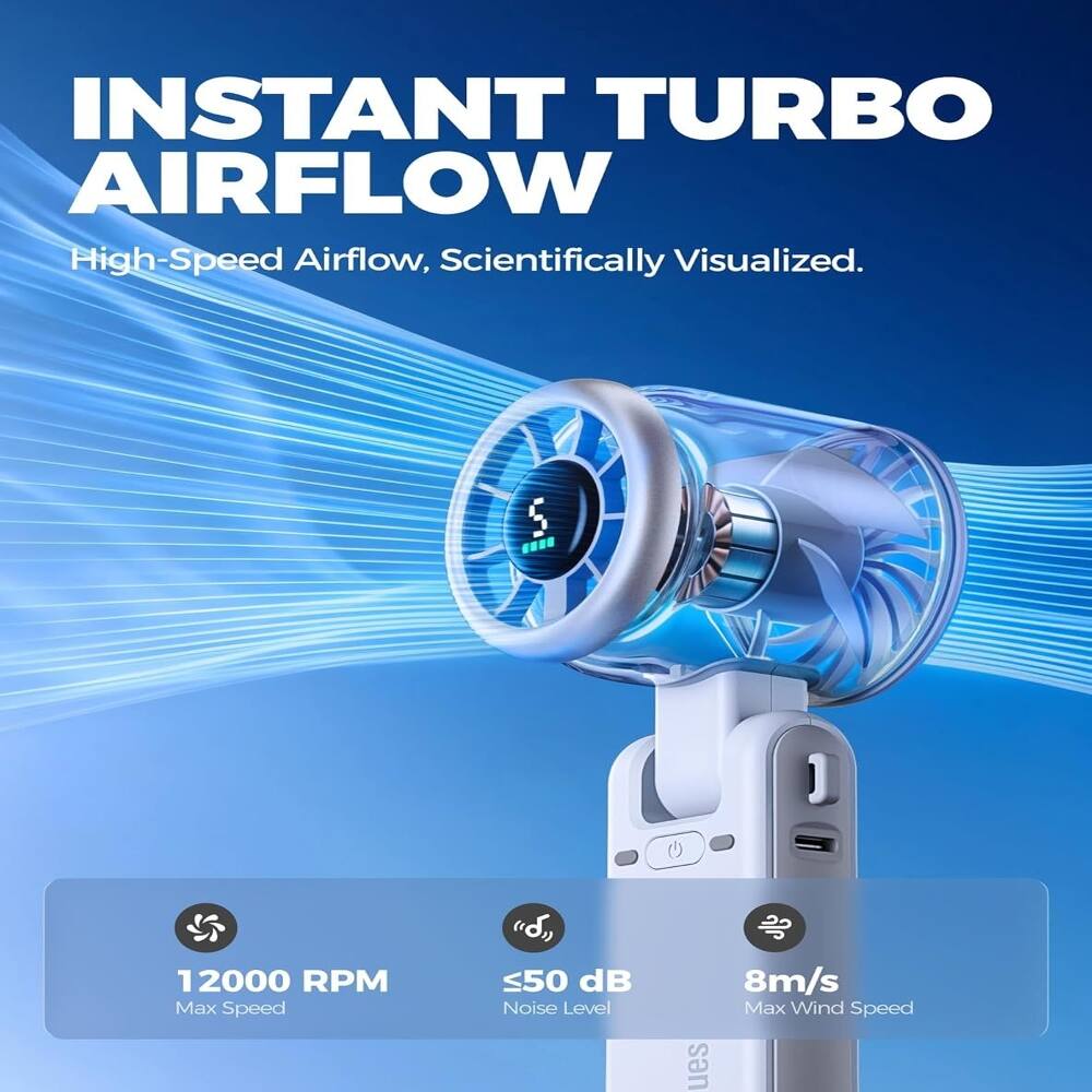 INSTANT TURBO AIRFLOW  
High-Speed Airflow, Scientifically Visualized.  

12000 RPM Max Speed  
≤50 dB Noise Level  
8m/s Max Wind Speed