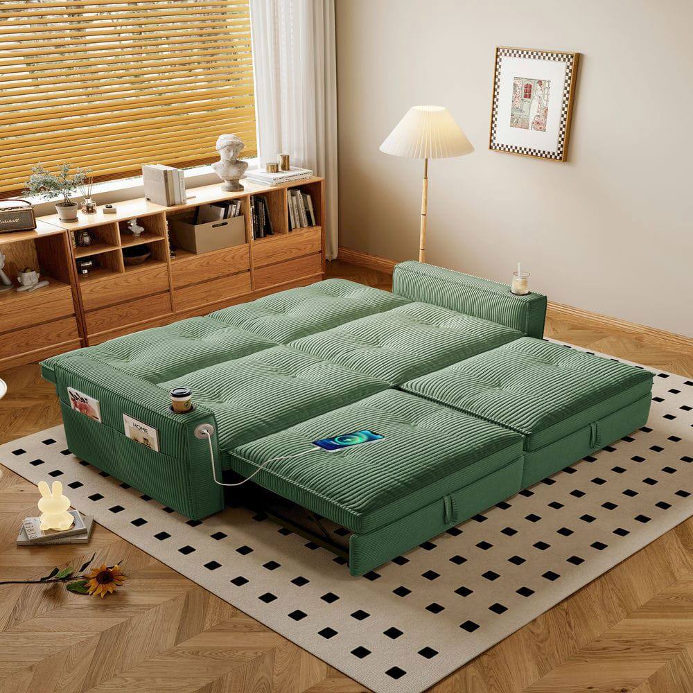 Left. Resenkos - 2-in-1 Multi-Functional Sofa Bed for Sitting & Sleeping, Modern Corduroy Fabric Sofa for Living Room, Green - Green.