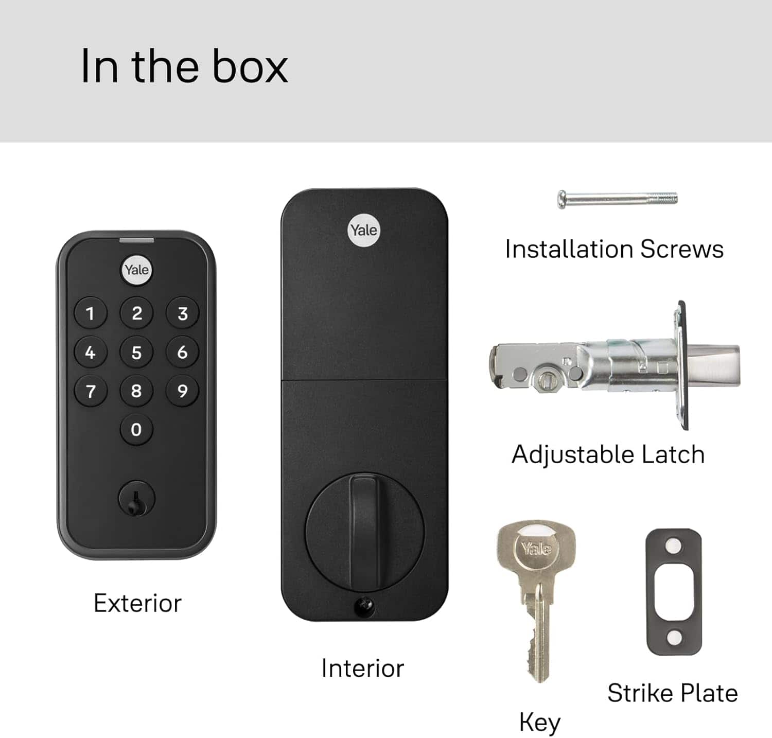In the box, there are Yale installation screws (1, 2, 3, 4, 5, 6, 7, 8, 9, 0), an adjustable latch, and a strike plate.