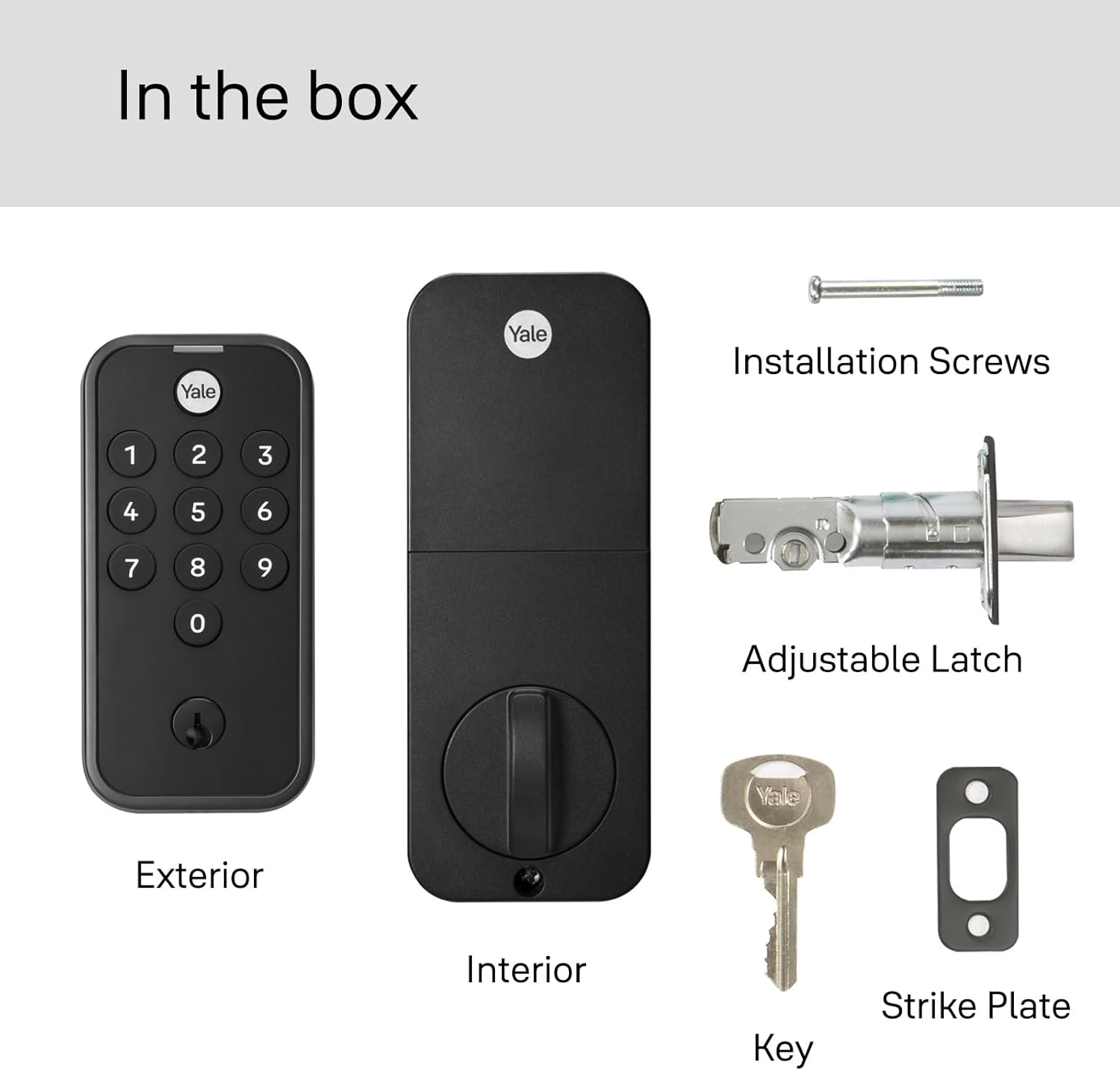 In the box, there are Yale installation screws (1, 2, 3, 4, 5, 6, 7, 8, 9, 0), an adjustable latch, and a strike plate.