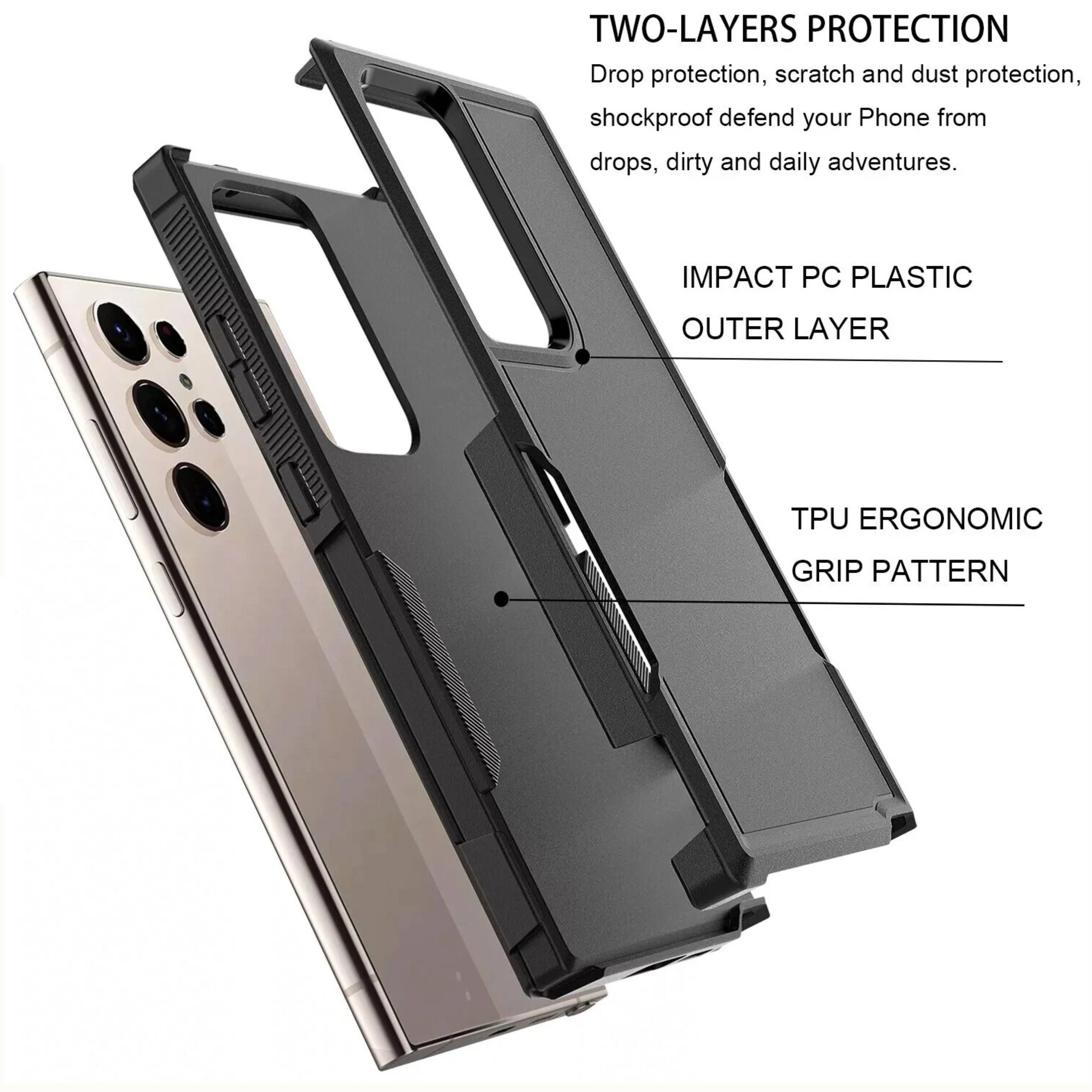 TWO-LAYERS PROTECTION  
Drop protection, scratch and dust protection, shockproof defend your Phone from drops, dirty and daily adventures.  
IMPACT PC PLASTIC OUTER LAYER  
TPU ERGONOMIC GRIP PATTERN
