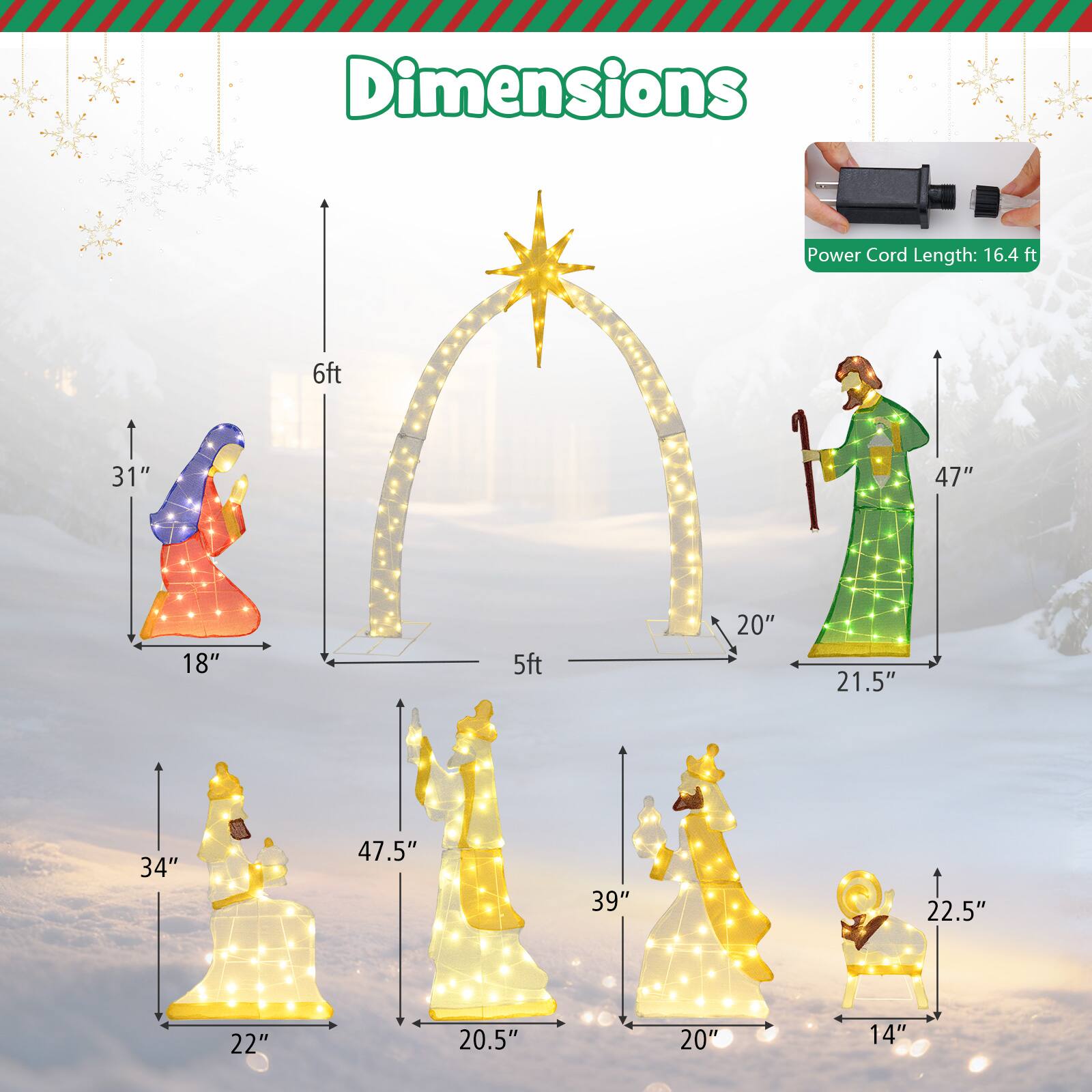 Dimensions  
Power Cord Length: 16.4 ft  

- 6ft  
- 31"  
- 18"  
- 5ft  
- 20"  
- 21.5"  
- 34"  
- 47.5"  
- 39"  
- 22.5"  
- 22"  
- 20.5"  
- 20"  
- 14"