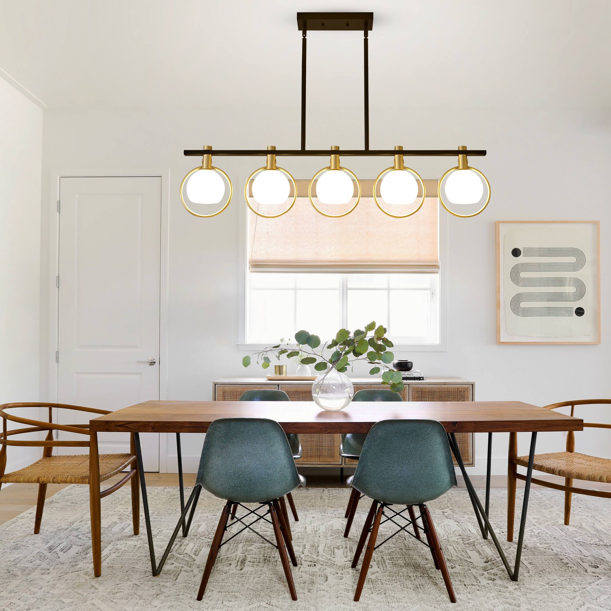 Angle. RYHNUYNE - 5-Light Dining Room Light Fixture,Gold Kitchen Island Lighting with Milk Glass Shade, Linear Chandeliers for Kitchen Din - Black.