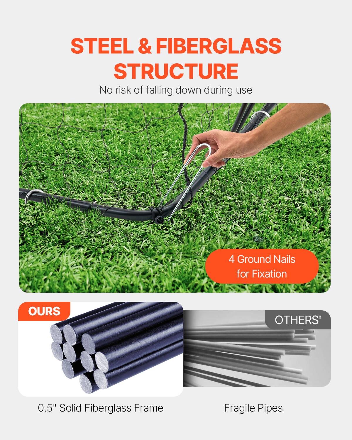 STEEL & FIBERGLASS STRUCTURE  
No risk of falling down during use  

4 Ground Nails for Fixation  

OURS  
0.5" Solid Fiberglass Frame  

OTHERS'  
Fragile Pipes