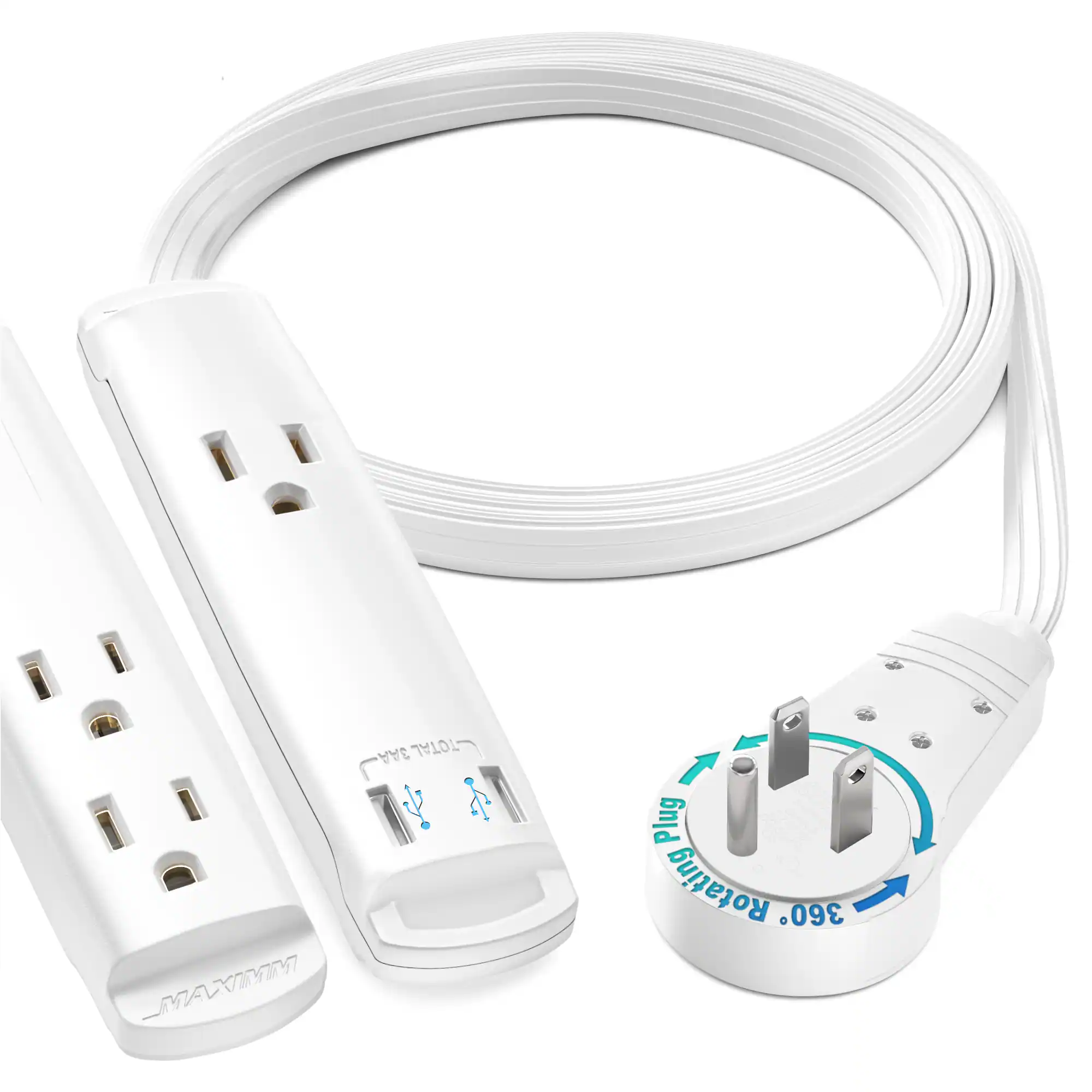 Maximm - Extension Cord with USB Ports 3FT, 360° Rotating Flat Plug, 3-Outlet with USB Ports (2 Ports), 3 Prong, UL Certified - White