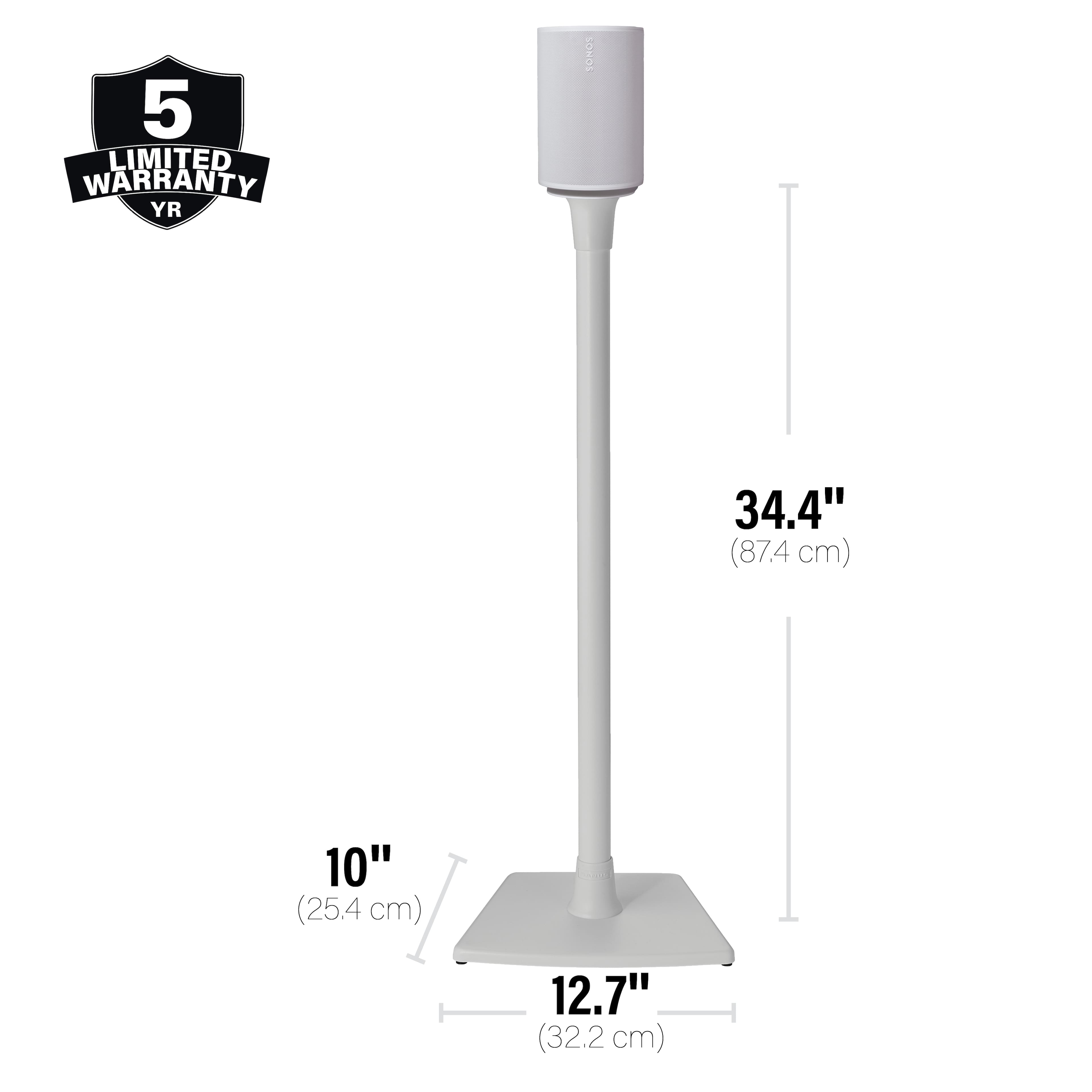 The image features a white speaker stand with a 5-year limited warranty. The stand is 34.4 inches (87.4 cm) tall and has a base of 10 inches (25.4 cm) in diameter. The stand is also 12.7 inches (32.2 cm) wide.
