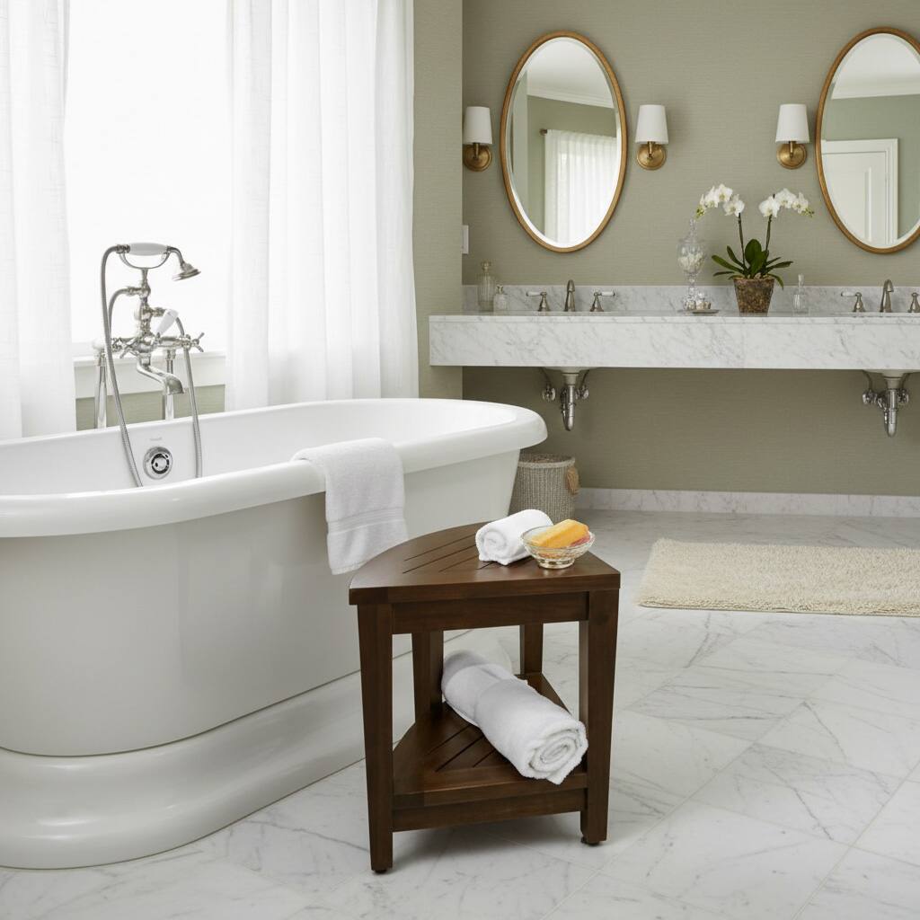 Alt View 1. DecoTeak - DecoTeak SnazzyCorner 23" Teak Wood Corner Shower Bench with Shelf in Woodland Brown Finish - Extended Height - Woodland Brown.