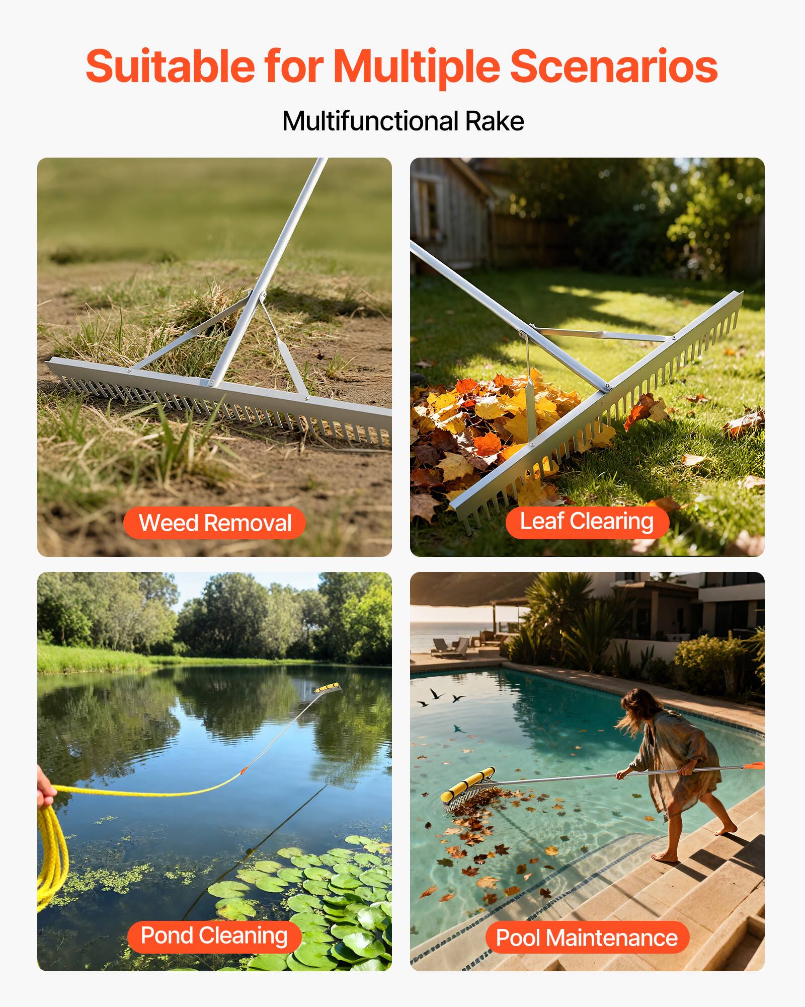 Suitable for Multiple Scenarios  
Multifunctional Rake  

- Weed Removal  
- Leaf Clearing  
- Pond Cleaning  
- Pool Maintenance