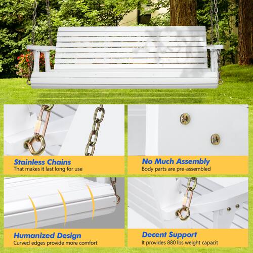 Stainless Chains  
That makes it last long for use  

No Much Assembly  
Body parts are pre-assembled  

Humanized Design  
Curved edges provide more comfort  

Decent Support  
It provides 880 lbs weight capacity