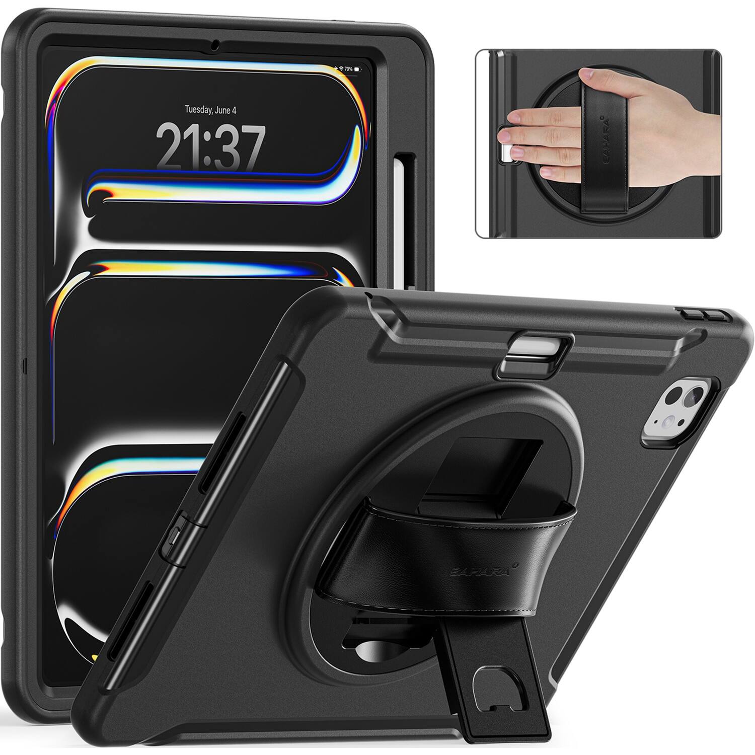 The image shows a cell phone in a case, with a black leather case and a black wrist strap. The phone is placed in the case, and the strap is attached to the case. The time displayed on the phone is 21:37. The case is designed to hold the phone securely and provide easy access to the device. The wrist strap ensures that the phone does not accidentally slip out of the case and get lost or damaged.