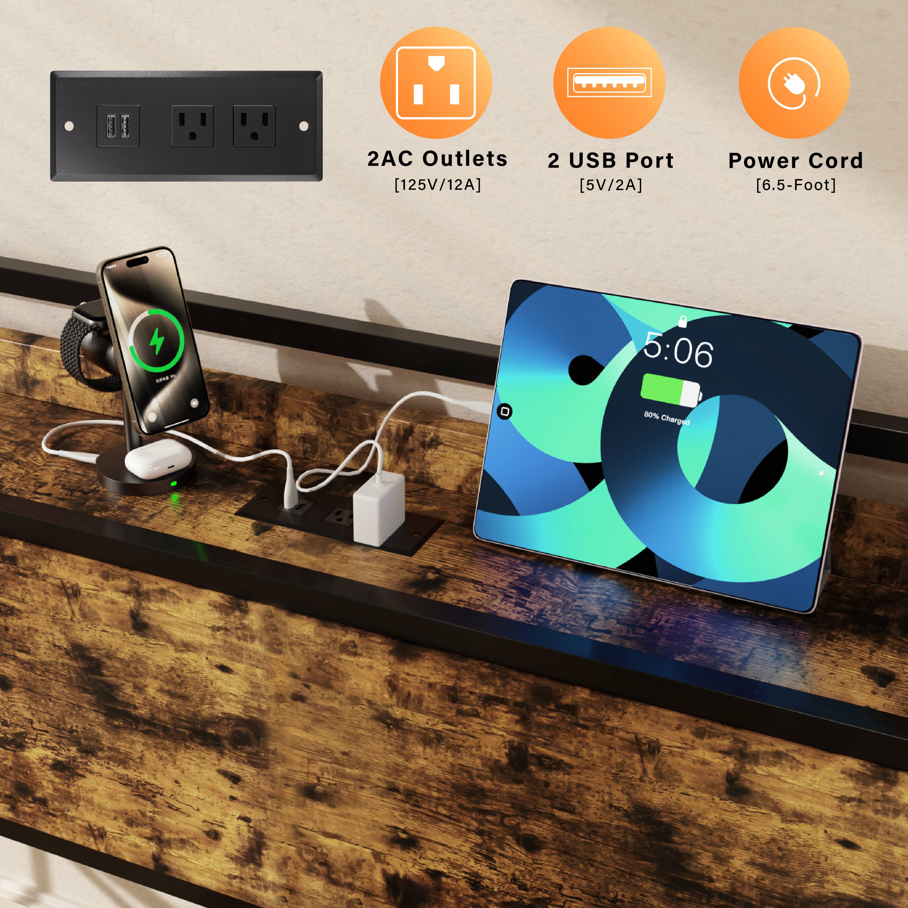 2AC Outlets [125V/12A]  
2 USB Port [5V/2A]  
Power Cord [6.5-Foot]  

5:06  
80% Charged