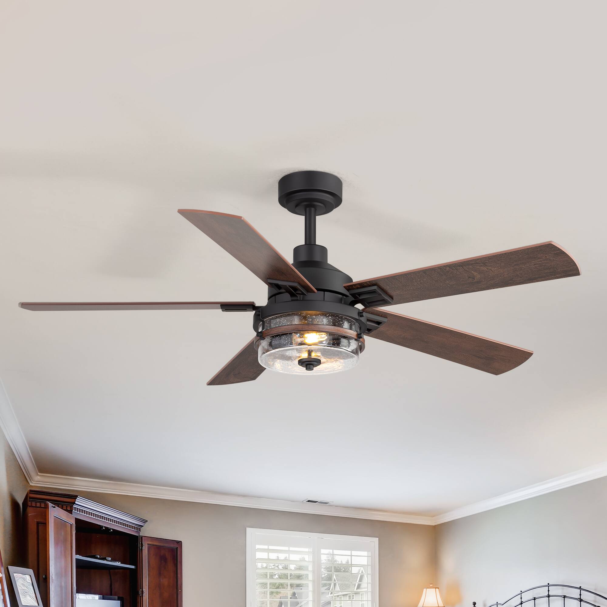 Alt View 1. Breezary - 52-Inch Modern Ceiling Fan with 5 Dual-Finish Plywood Blades, DC Motor, 6-Speed Remote Control with Timer - Matte Black.