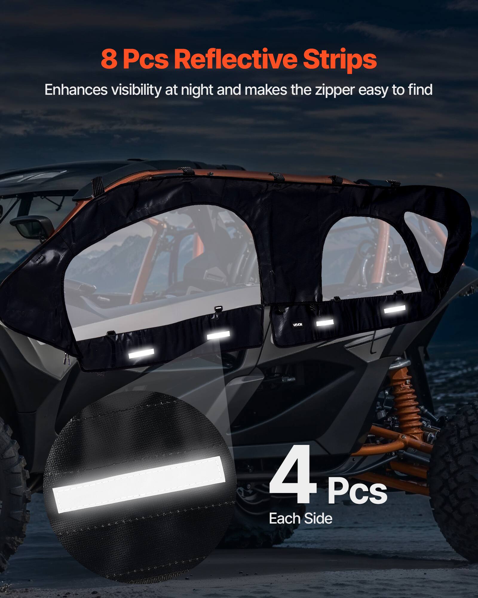 8 Pcs Reflective Strips Enhances visibility at night and makes the zipper easy to find  
4 Pcs Each Side