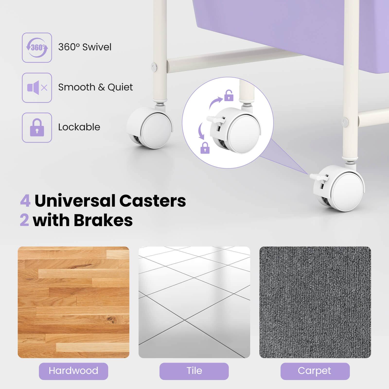 360° Swivel  
Smooth & Quiet  
Lockable  
4 Universal Casters  
2 with Brakes  
Hardwood  
Tile  
Carpet