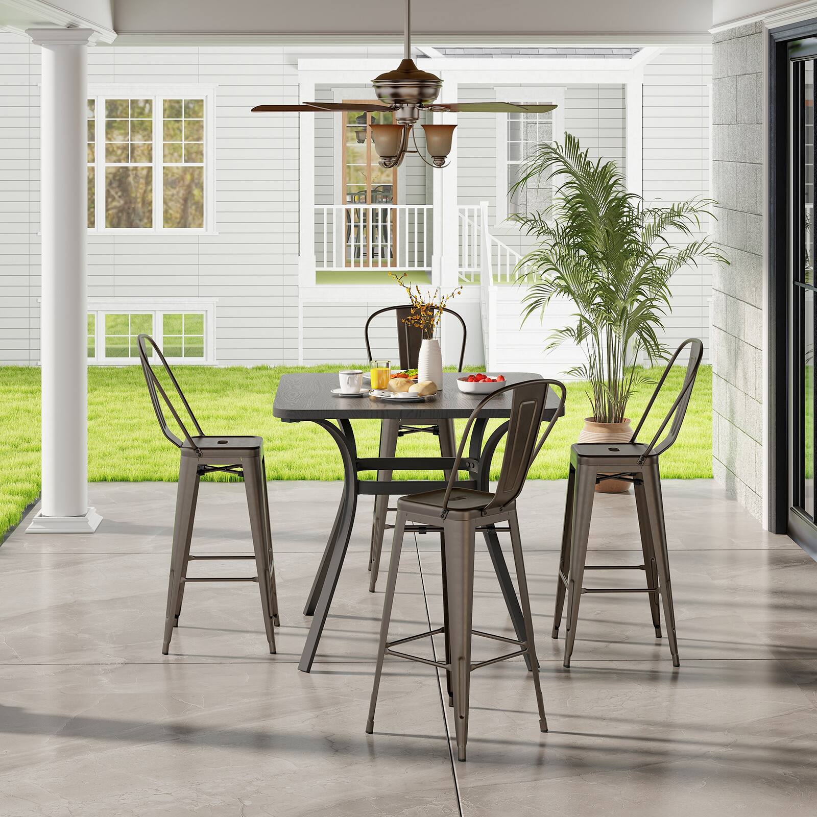 Alt View 8. Ecooso - Set of 4 Bar Height Chairs Stackable Metal Bar Stools with Removable Backrest - Gun.