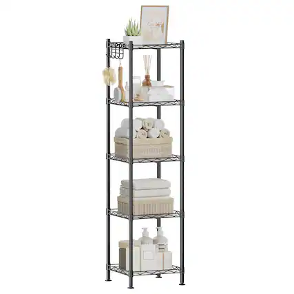Front. Songmics Home - 5-Tier Bathroom Shelf, Storage Rack for Small Space, with 5 PP Shelf Liners, Removable Hook, Extendable Design - Ink Black and Translucent.